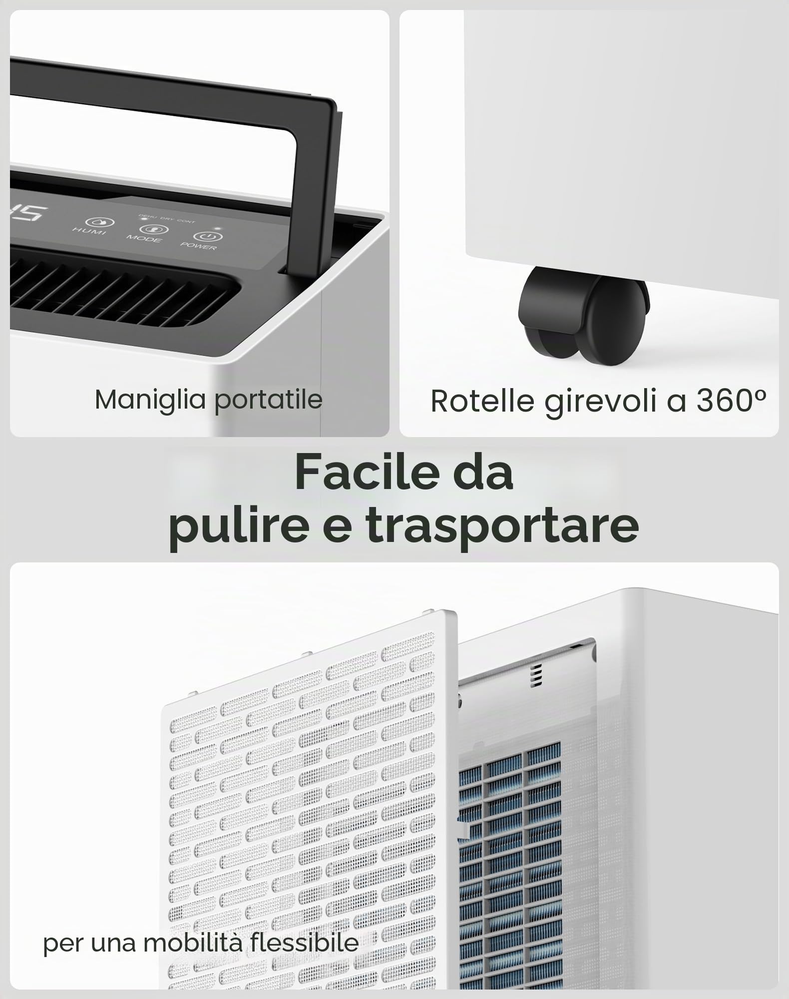 Deumidificatore 20L/giorno – potente deumidificatore elettrico, risparmio energetico, portatile, 3 modalità e controllo intelligente dell'umidità, dehumidifier elettrico