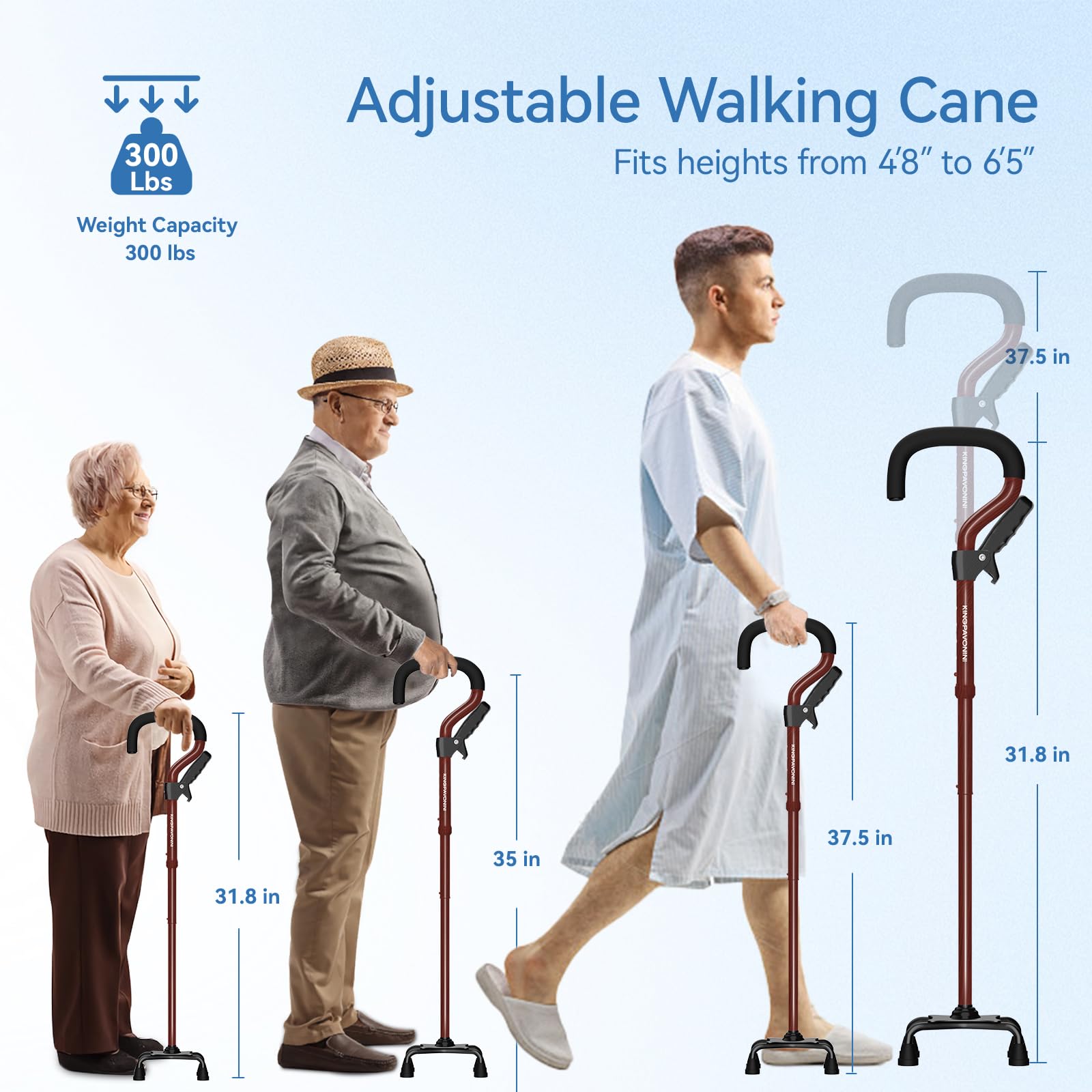 KingPavonini Bastone da passeggio per donne/uomini con manico secondario, pieghevole e regolabile, con base a 4 punte per stare in piedi, bastone da passeggio leggero per anziani e adulti, noce