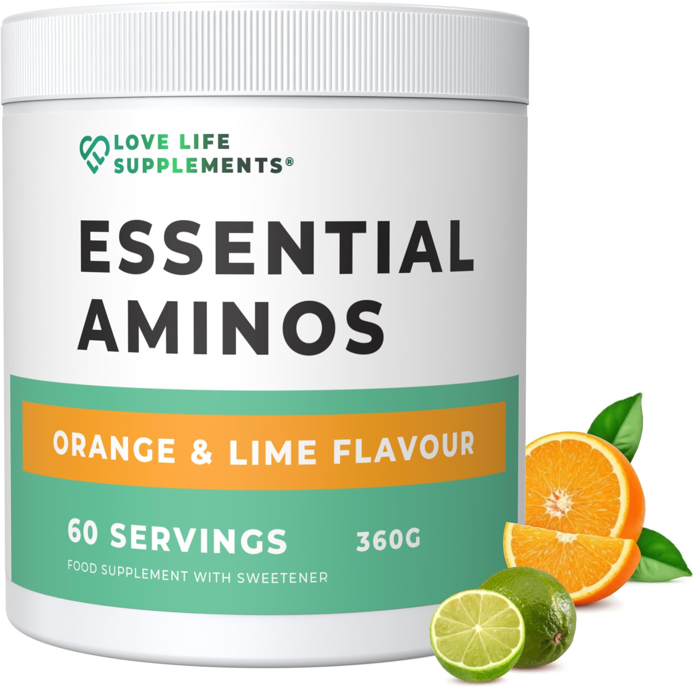 Essential Amino Acids Powder, Full Spectrum EAA & BCAA Drink for Muscle Recovery, Orange & Lime Flavour, 60 Servings, High Strength Intra Workout Supplement, UK Made - Love Life Supplements