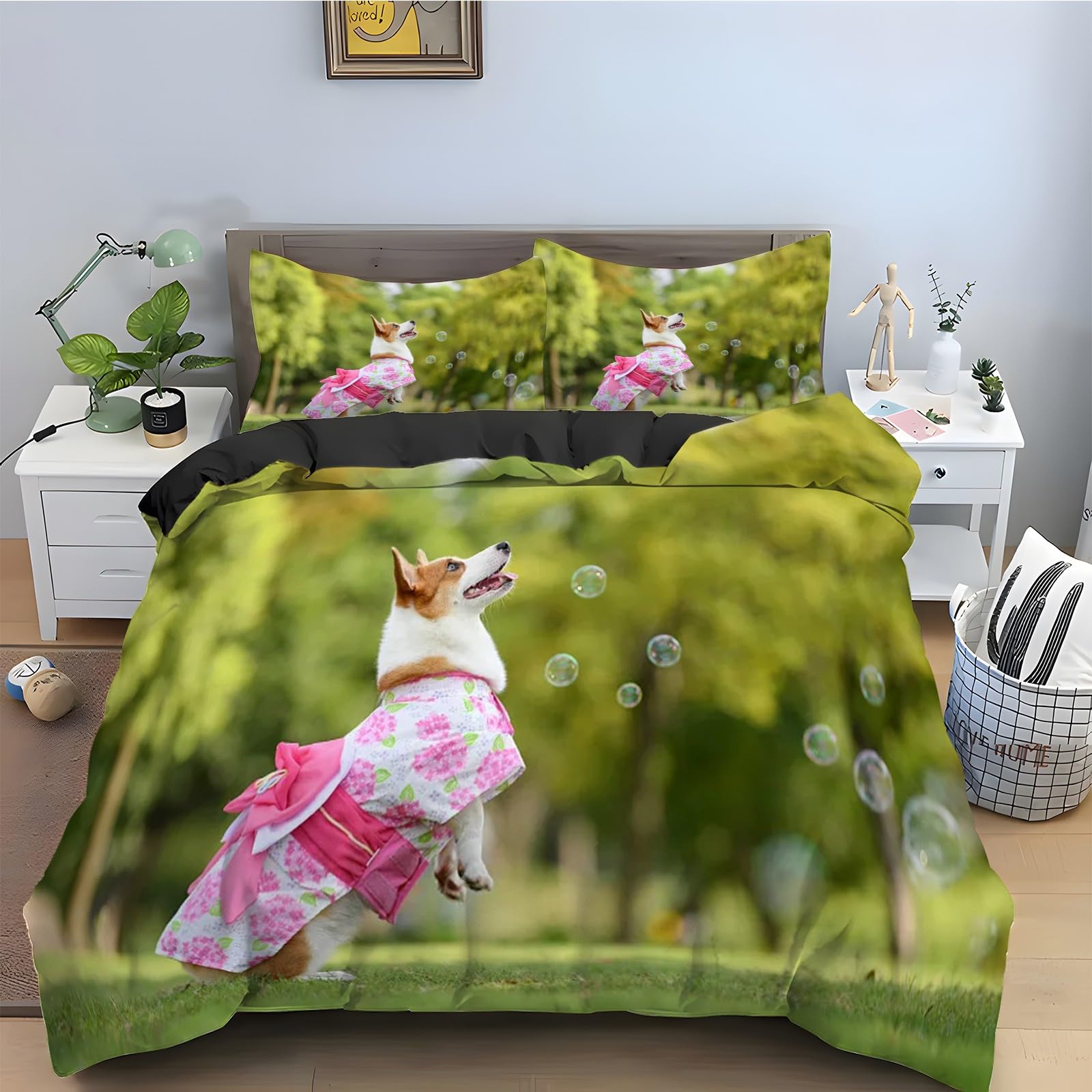 Linge de lit 90x190 housse de couette corgi 3 pièces en tissu doux
