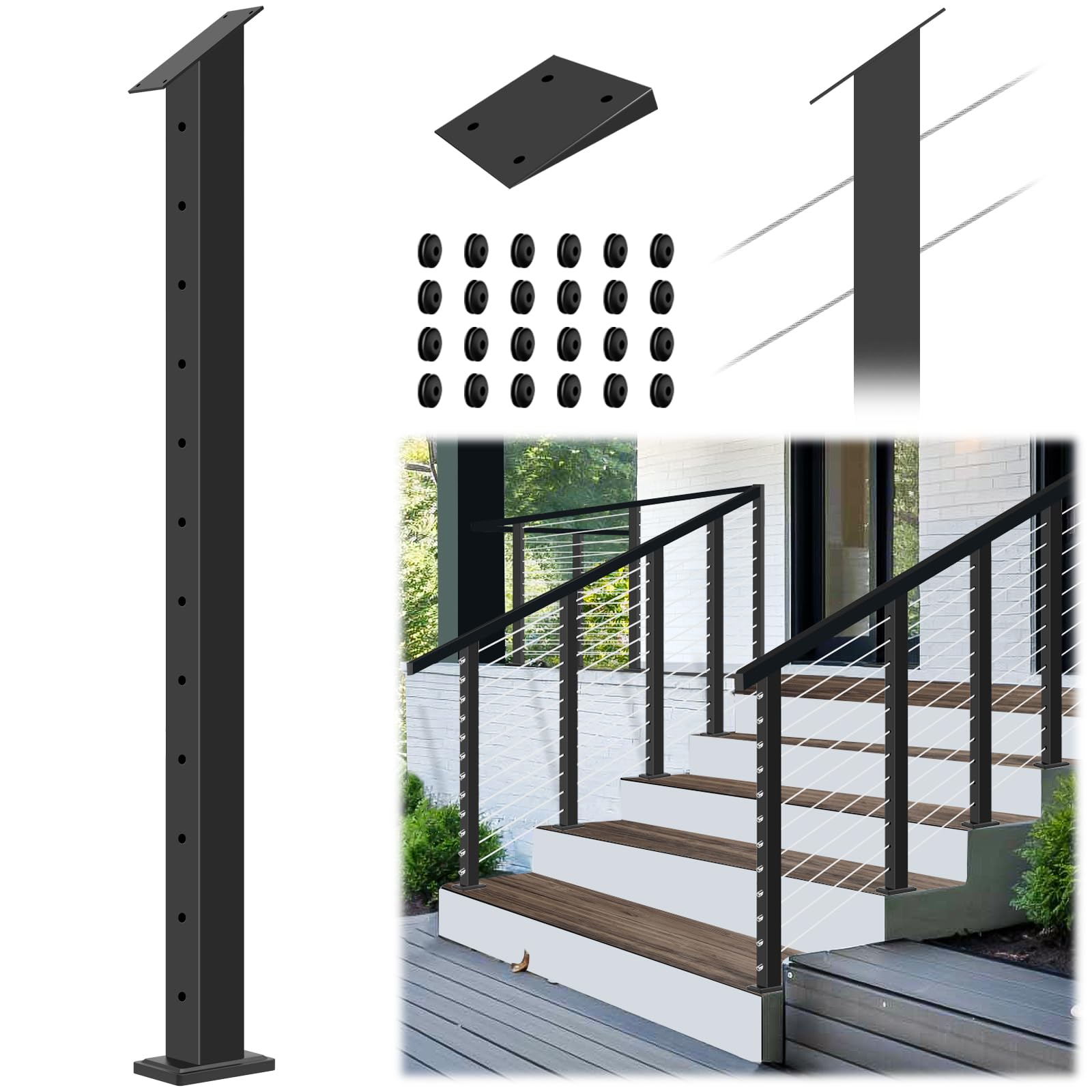 Stair Cable Railing Post 42"x2"x2", Slant Fixed Top Stainless Steel Black Stair Rail Post with Cable Grommets, 33° Drilled Stair Deck Post with 5-Degree Spacers Fit for 28-38 Degrees Stairway