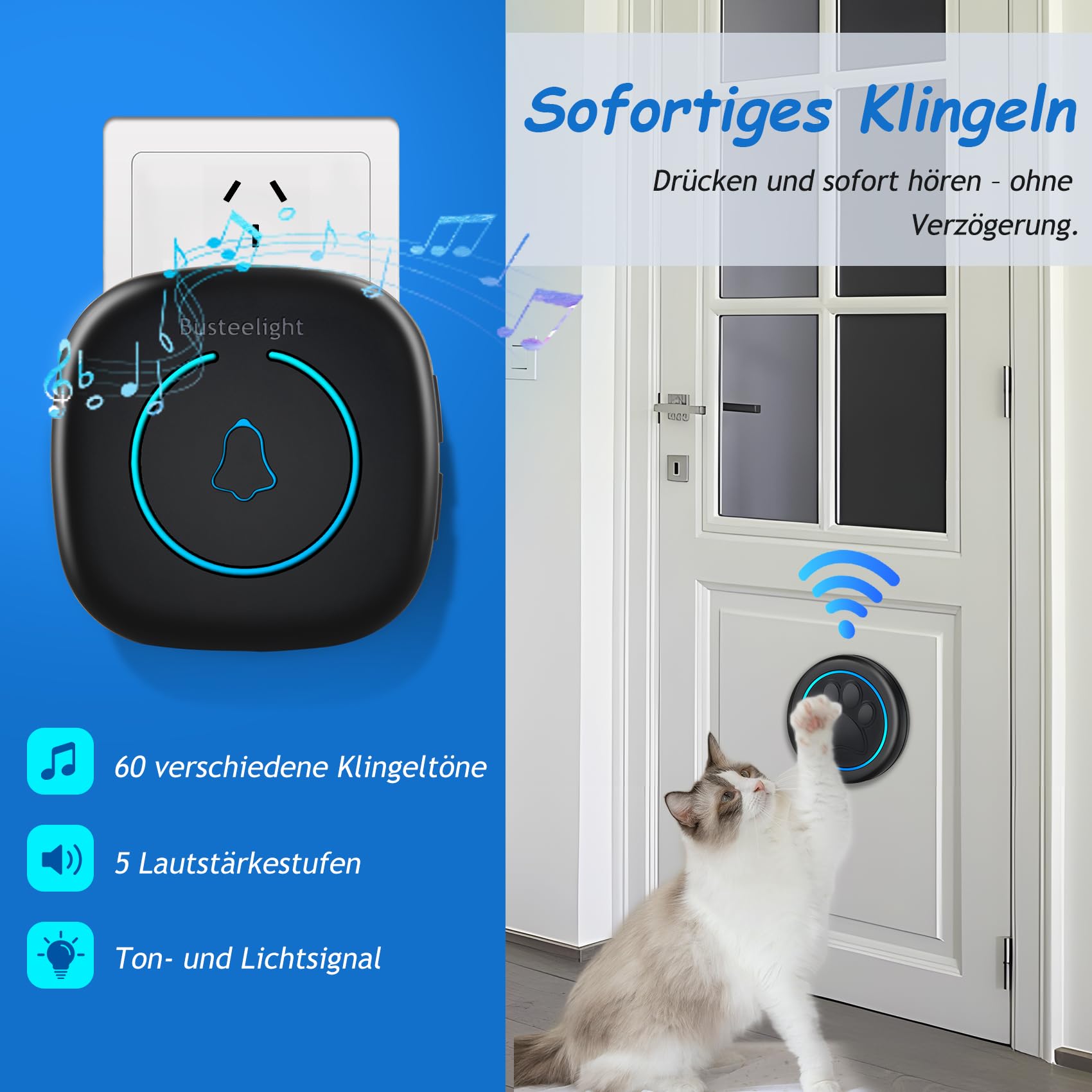 A6 Blk Katzen- & Hundeklingel für Tür – Kabellose Haustier-Türklingel, 300 m Reichweite, 60 Melodien, LED-Signal, Wasserdicht, Buzzer für Hund & Katze (1 Klingeltaster + 1 Empfänger)