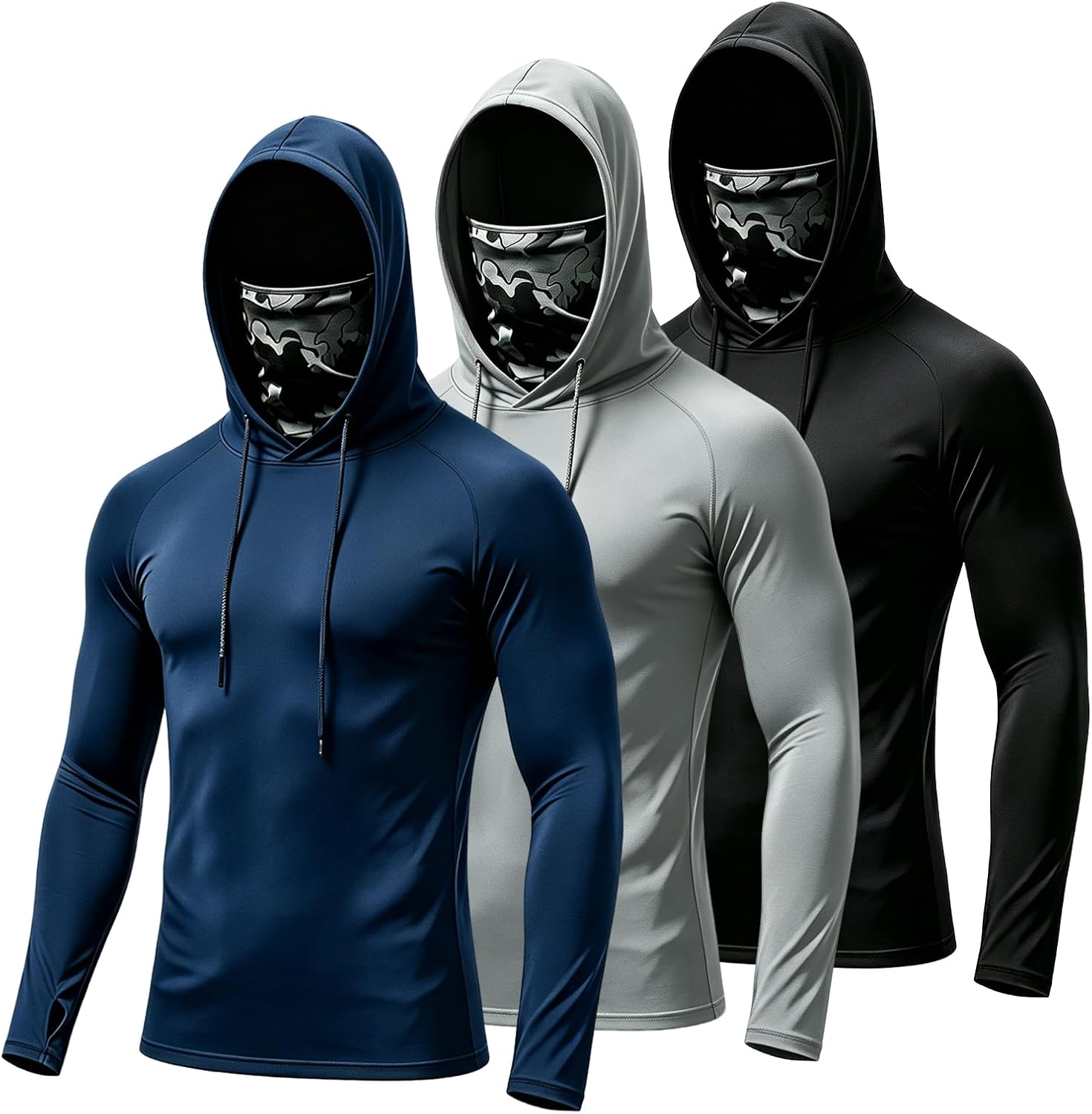3/5-Pack Men's Sun Hoodie with Mask - Quick Dry Fishing Shirts Long Sleeve Outdoor Work Tactical Hiking Gear