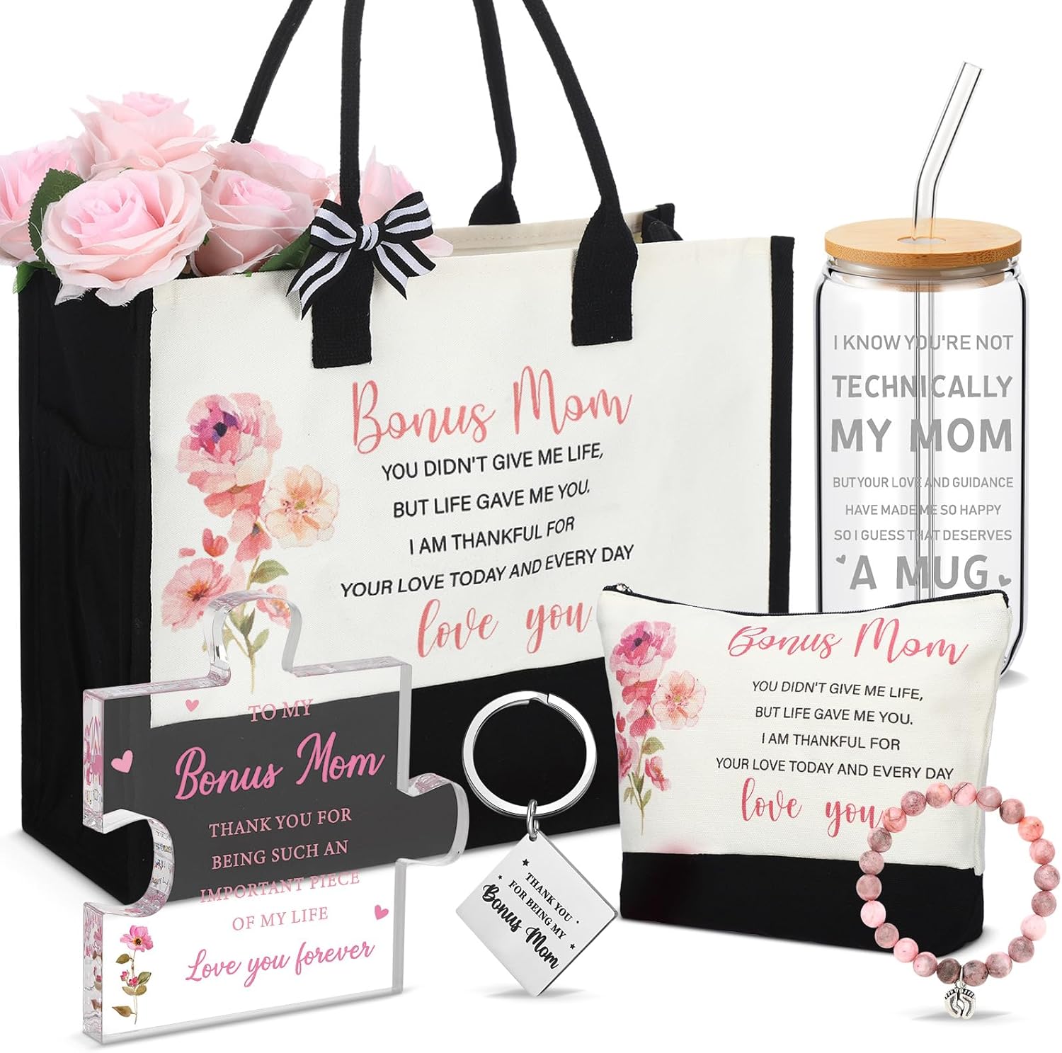 6 Pcs Bonus Mother Gifts Birthday Thank You Appreciation Gifts Set Include Tote Bag Makeup Bag Glass Cup Acrylic Medal Keychain and Bracelet Present for Bonus Mother Mom Mother's Day