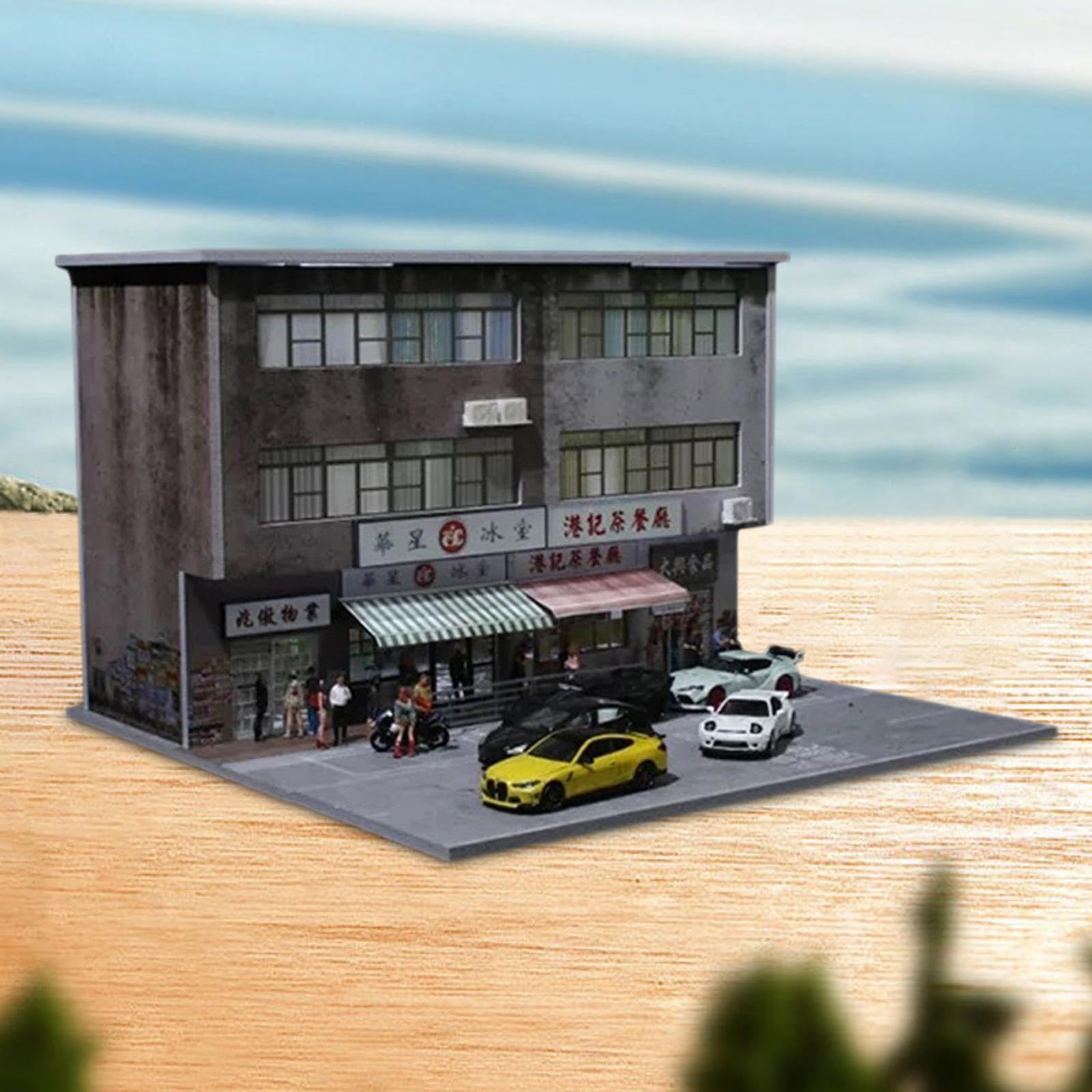 Sharplace 1/64 Diorama Edificio Scena di Strada di Hong con LED Simulazione realistica Display per parcheggio Auto pressofuso per Oggetti da Collezione, Style a