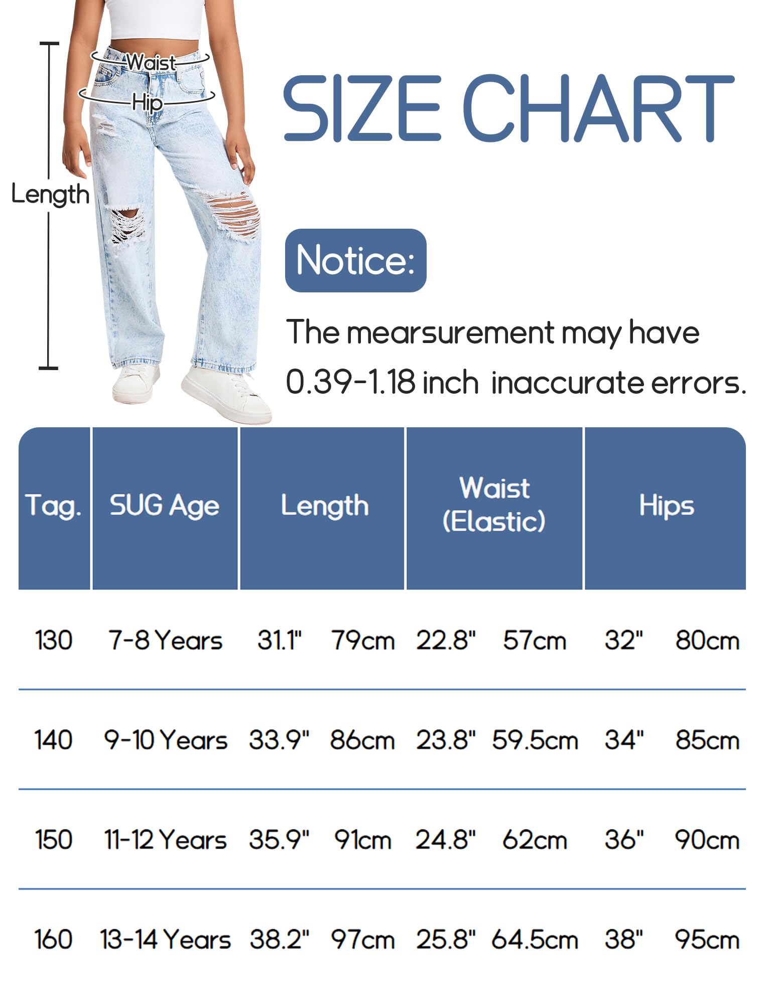Maeau Jeans strappati a stelle/gamba larga per ragazze, pantaloni in denim, vestibilità larga, pantaloni per il tempo libero, con elastico in vita e tasche, 7-14 anni/altezza 130-160 cm