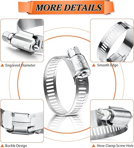 Miniatura 3 de 100 abrazaderas de manguera de acero inoxidable ajustable de 0.236-1.732 in de rango de engranaje sin fin, abrazadera de conducto, abrazadera de