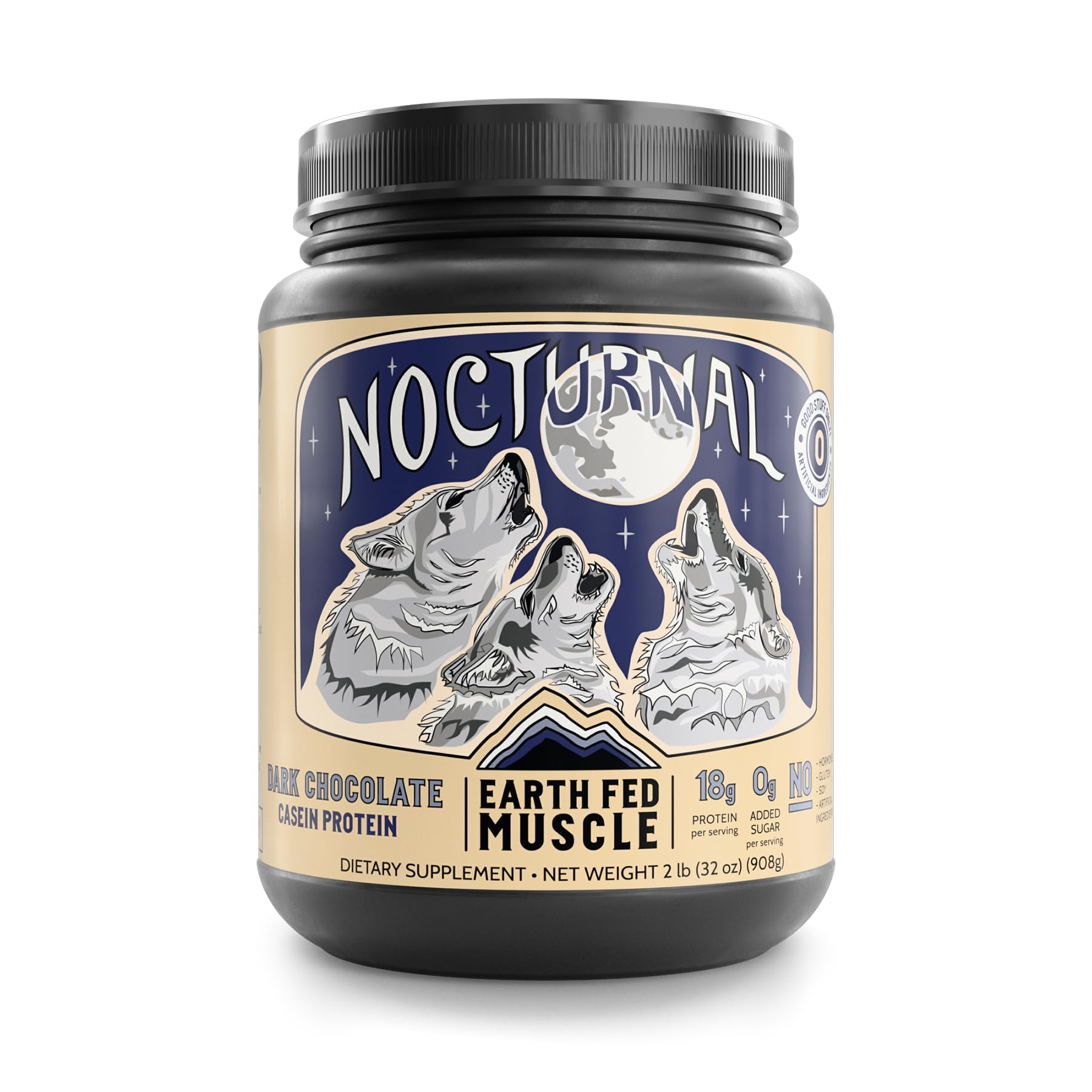 Earth Fed Muscle Nocturnal Casein Protein Powder – Dark Chocolate Protein Powder with Whey Blend – 18g Protein, Sugar Free, Gluten Free – Nighttime Recovery Protein Poweder – 2lb, 23 Servings