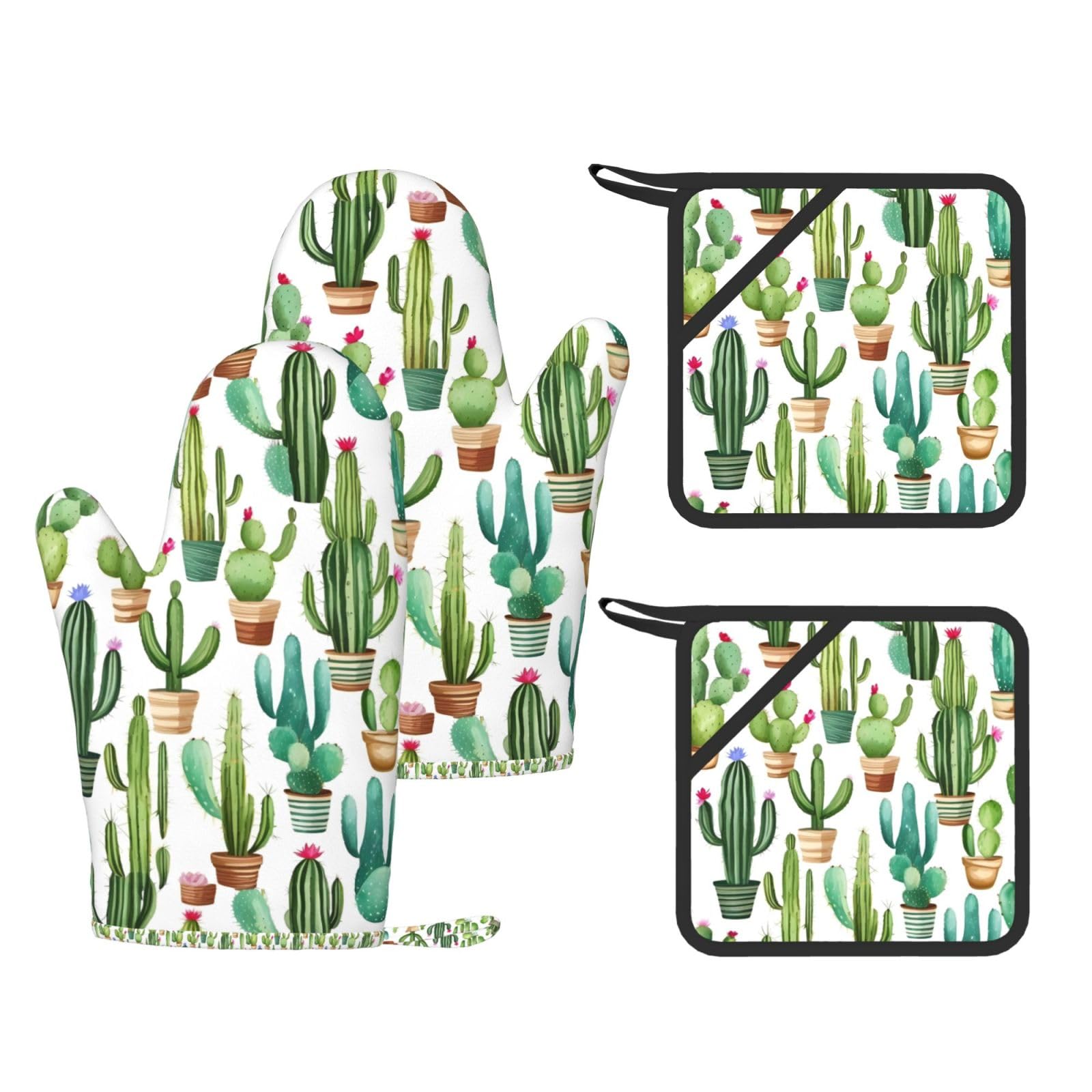 Cactus Flower Print Kitchen Heat Resistant Set,Cooking Kit With Hanging Loop For Baking & Bbq