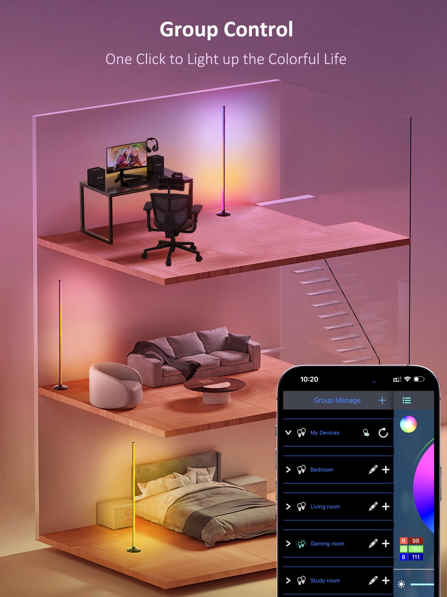 Lámpara de pie de esquina RGB:  16 millones de colores DIY y más de 68 luces LED de escena inteligente y moderna con temporizador, sincronización de música, aplicación y control remoto lámpara de 6
