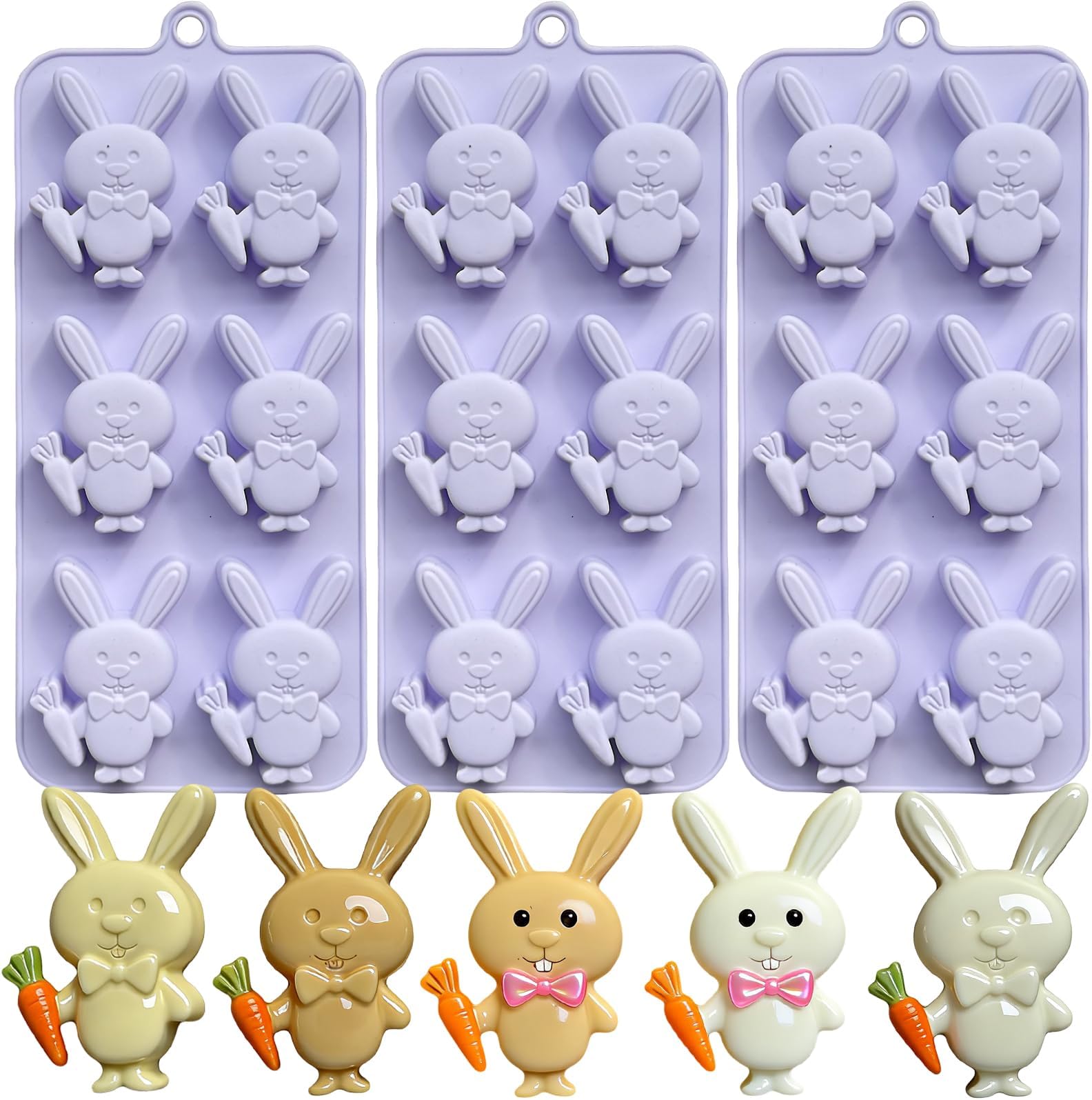 3-Pack Easter Bunny Chocolate Mold,3D Carrot Silicone Candy Mold Cute Bunny Shape Ice Cube Resin Baking Mold for Soap Candle Cupcake Decoration