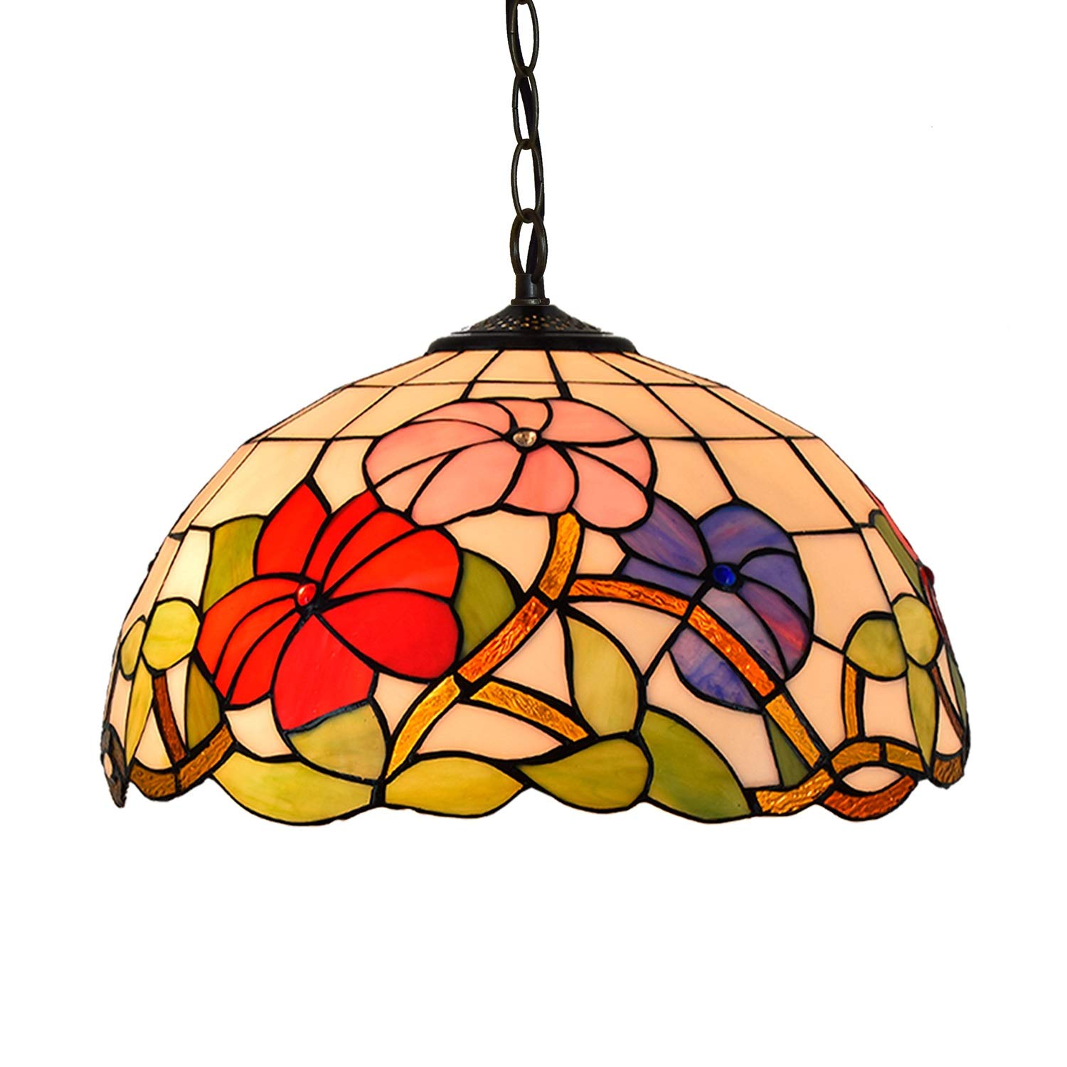 HPTHLY Ceiling Stained Glass Chandelier 16 Inches Tiffany Style American Rural Red Celebration Tricolor Morning Glory Pendant Light Bed Restaurant Bar