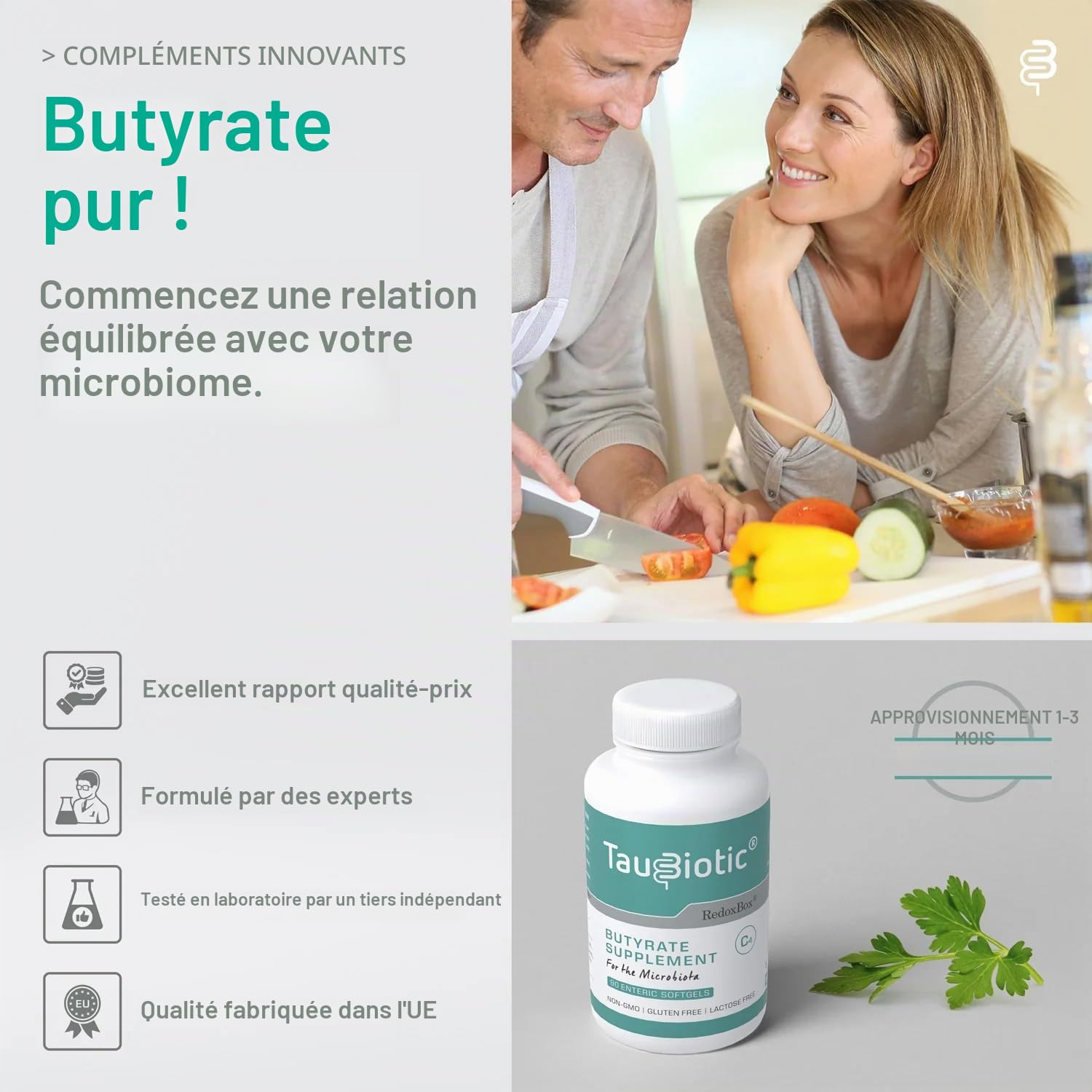 TauBiotic® de RedoxBox® - Butyrate (Tributyrine 500 mg) pour Microbiote Complément Alimentaire - 90 Capsules Entériques