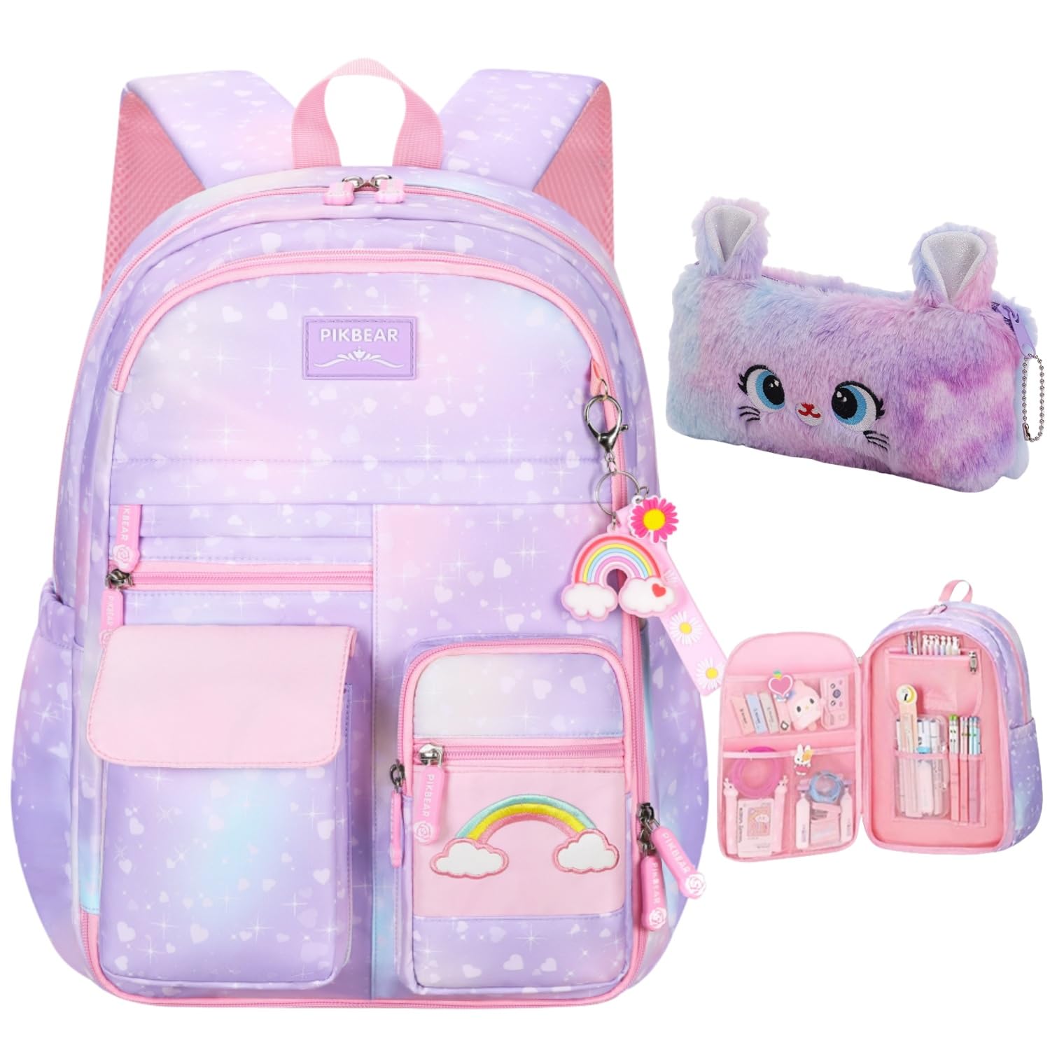 kistou Kids Backpack for Girls Girls Backpack for School With Pen Bag | 16 inch Purple Backpack Rainbow School Bag for Elemen