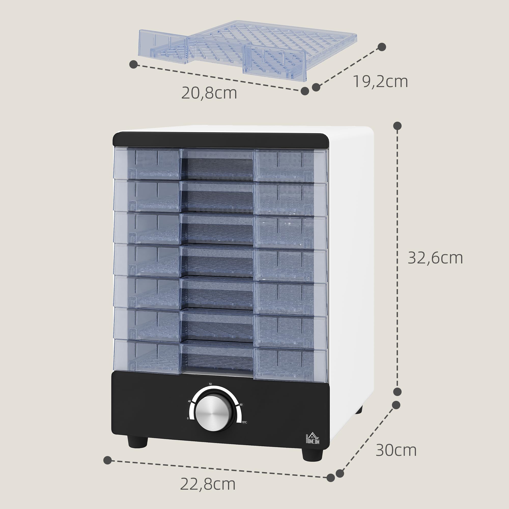 HOMCOM Deshidratador de Alimentos 350W con 7 Bandejas Temperatura Regulable 40-70 ℃ Deshidratadora para Frutas Verduras y Golosinas para Mascotas Blanco