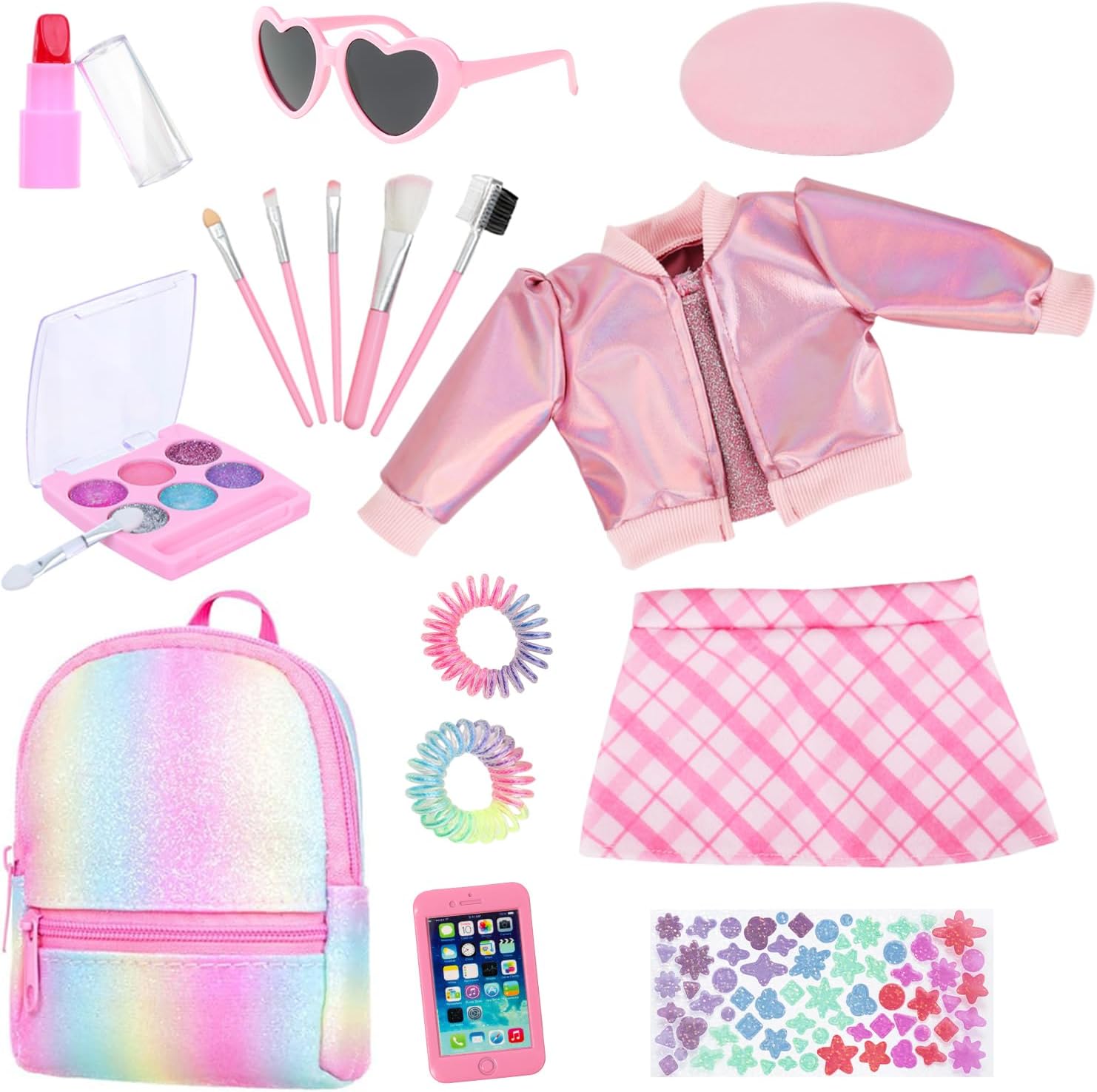 Ecore Fun 17 Pcs American 18 Inch Doll Accessories Cosmetic Set with Backpack & Outfits | Pretend Play Makeup Kit for 18" Dolls | Includes Lipstick, Eyeshadow, Brushes, Accessories & Stylish Clothes