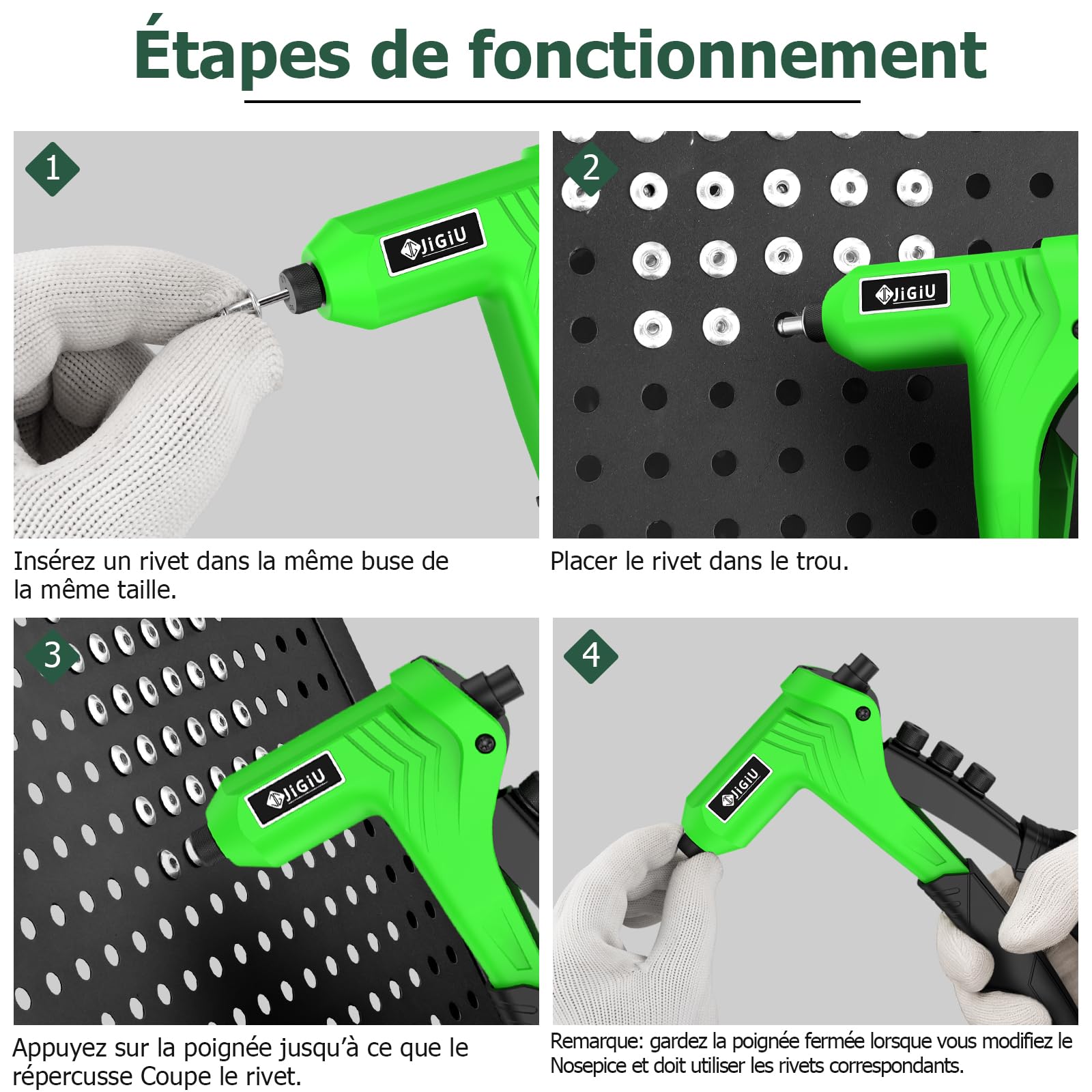JiGiU Pistolet à Rivets avec 200 Rivets, Kit de Pistolet à Rivets à Main, Outil de Rivetage Manuel Professionnel avec 4 Embouts Interchangeables Sans Outil, Design de Poignée Ergonomique