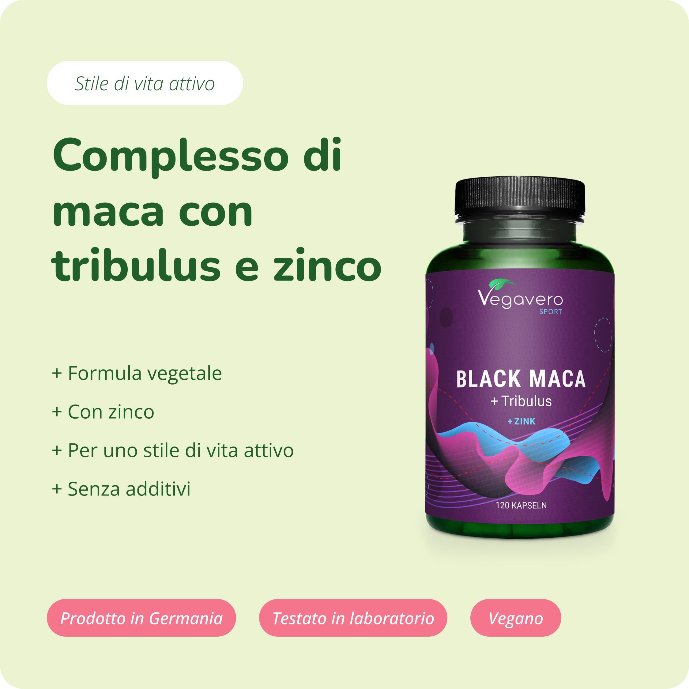 Maca Peruviana Nera Complex | con Tribulus Terrestris + Zinco | Alto Dosaggio | Prestazione Fisica e Massa Muscolare | 90% Saponine e 0,6% Macamidi & Macaeni | 120 capsule | Vegan | Vegavero®