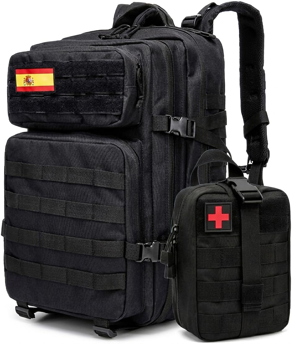 Mochila Táctica Militar 45L con Sistema MOLLE – Mochila Impermeable para Supervivencia y Emergencia, Senderismo, Camping y Outdoor – Mochila Resistente Trabajo y Herramientas + Botiquín MOLLE