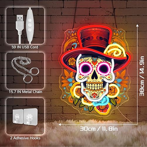 Miniatura 3 de Letrero de neón del Día de los Muertos, luz de neón LED de calavera de azúcar mexicana para decoración del hogar y bares, arte impreso UV con tira