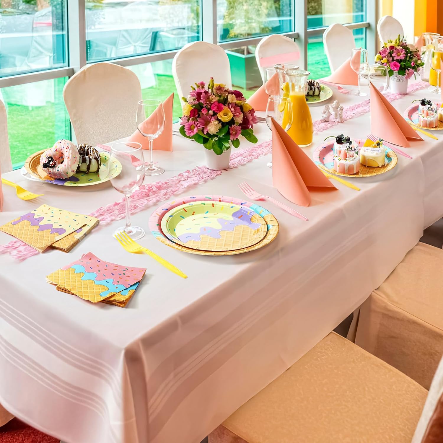 Layhit 160 Pcs Ice Cream Party Decorations - Birthday Party Plates, Napkins, Forks Disposable Tableware Set - Sweet Summer Party Supplies