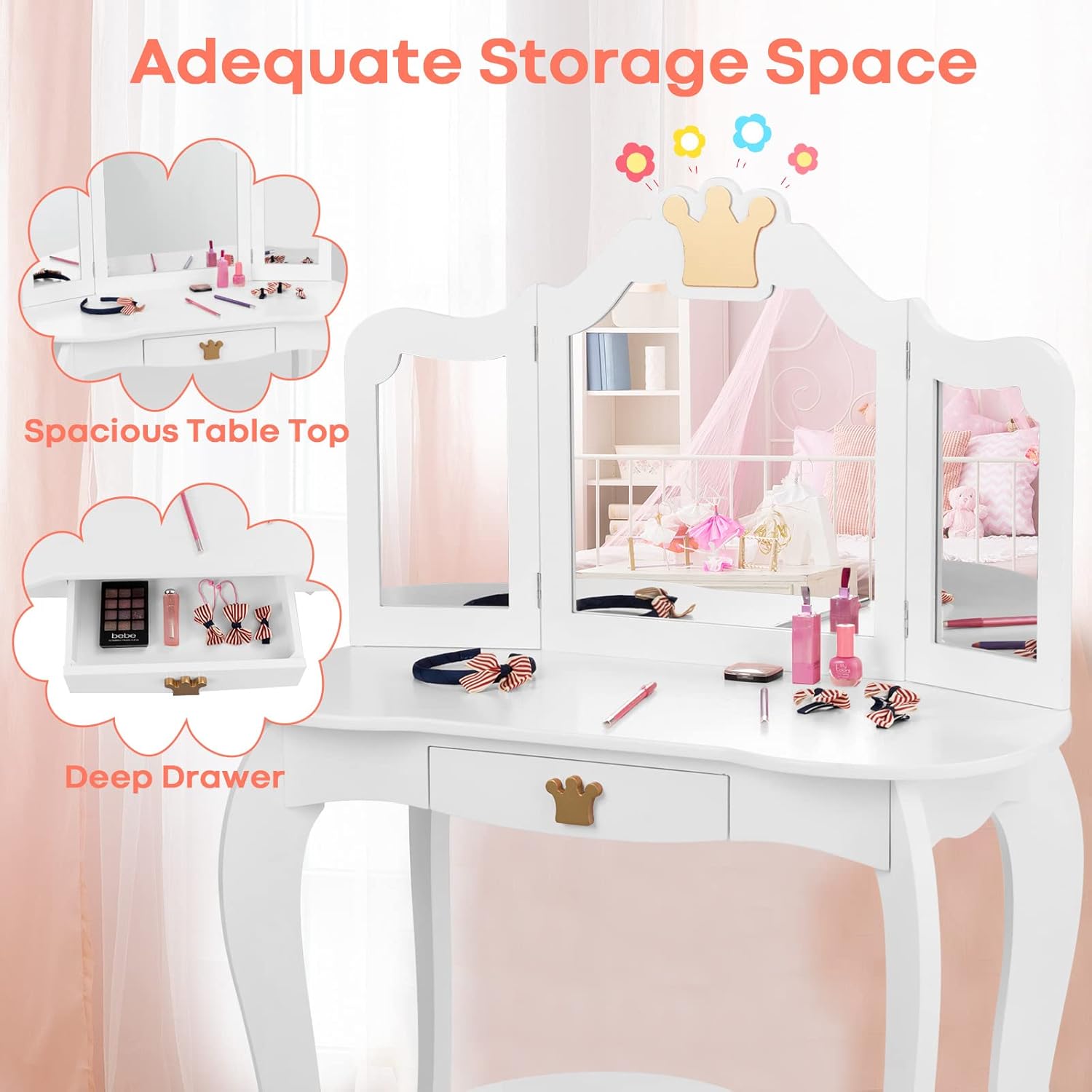 Olakids Kids Vanity Set, 2 in 1 Wooden Princess Makeup Table and Chair Set with Tri-Folding Detachable Mirror Storage Drawer, Crown Themed Pretend Beauty Dressing Play Toy Gift for Girls (White)