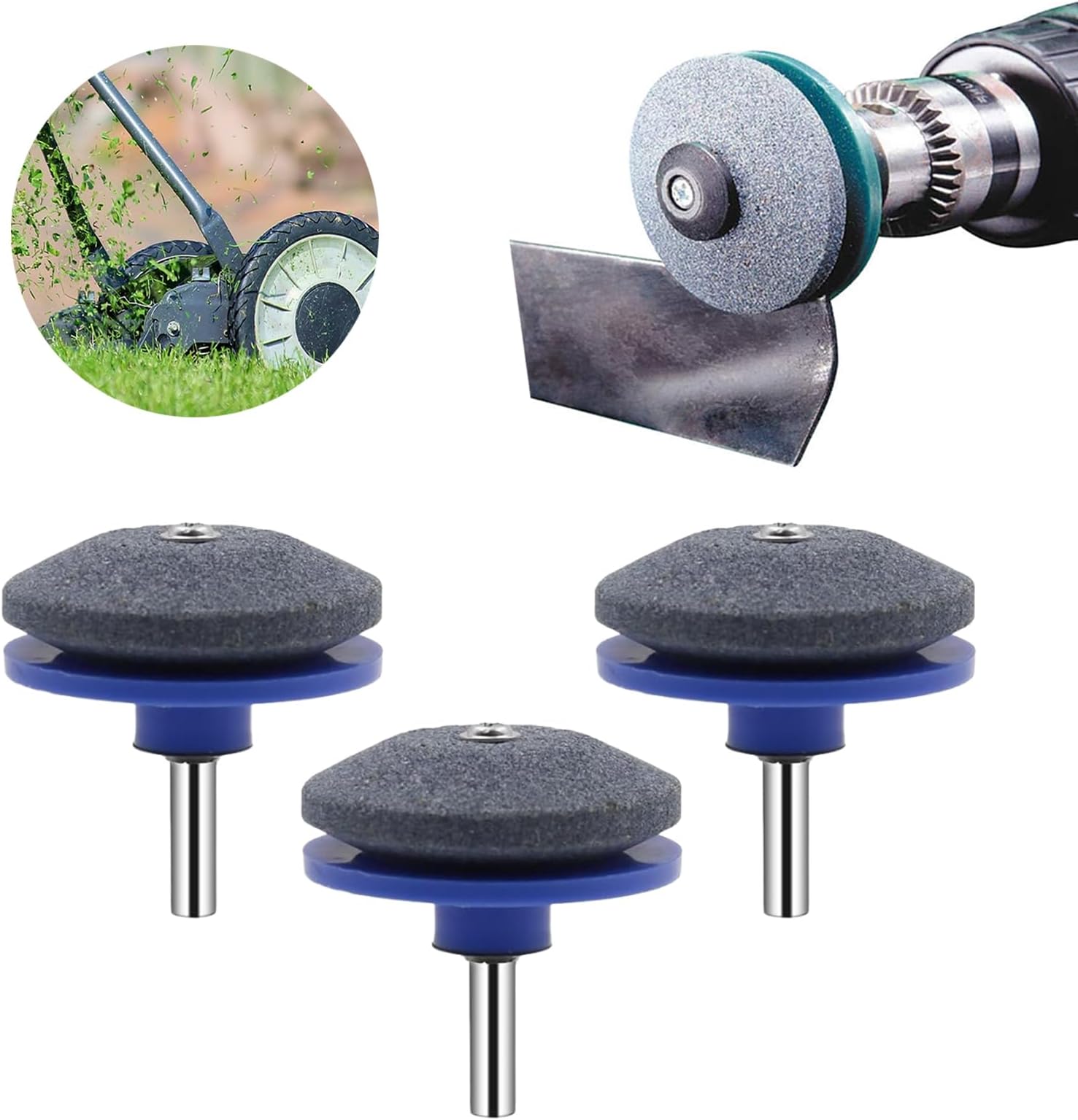 Lawnmower Blade Sharpener, 2025 New Mower Blade Sharpener, Quality Double Layer Corundum Lawn Mower Blade Sharpener, Lawnmower Dull Blade Sharpener for Any Power Hand Drill (3Pcs-Blue)