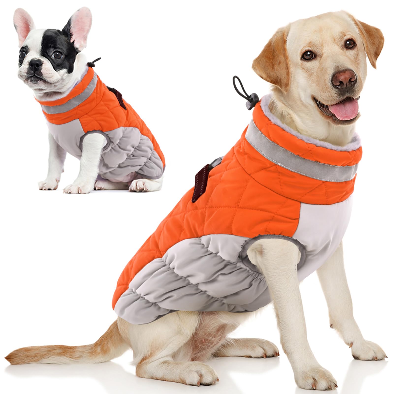 AOFITEE Dog Coat, Warm Dog Winter Coat, Reflective Cold Weather Dogs Puffer Jacket with Harness Built in, Waterproof Pet Fleece Vest Snowsuit for Small Medium Large Dogs, Orange L