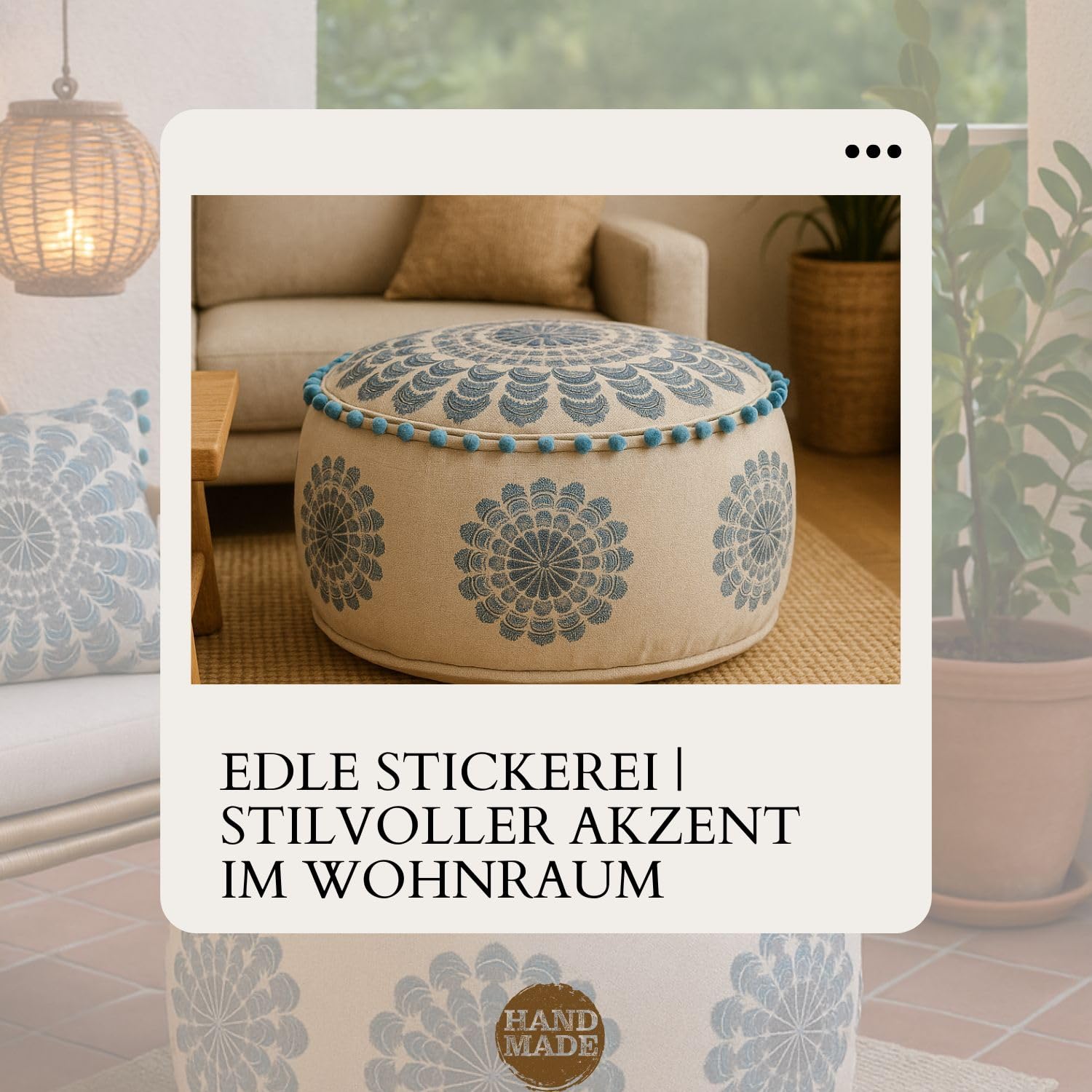 Boho Pouf Garet handgefertigt aus Baumwolle in Blau 50 cm handgemacht
