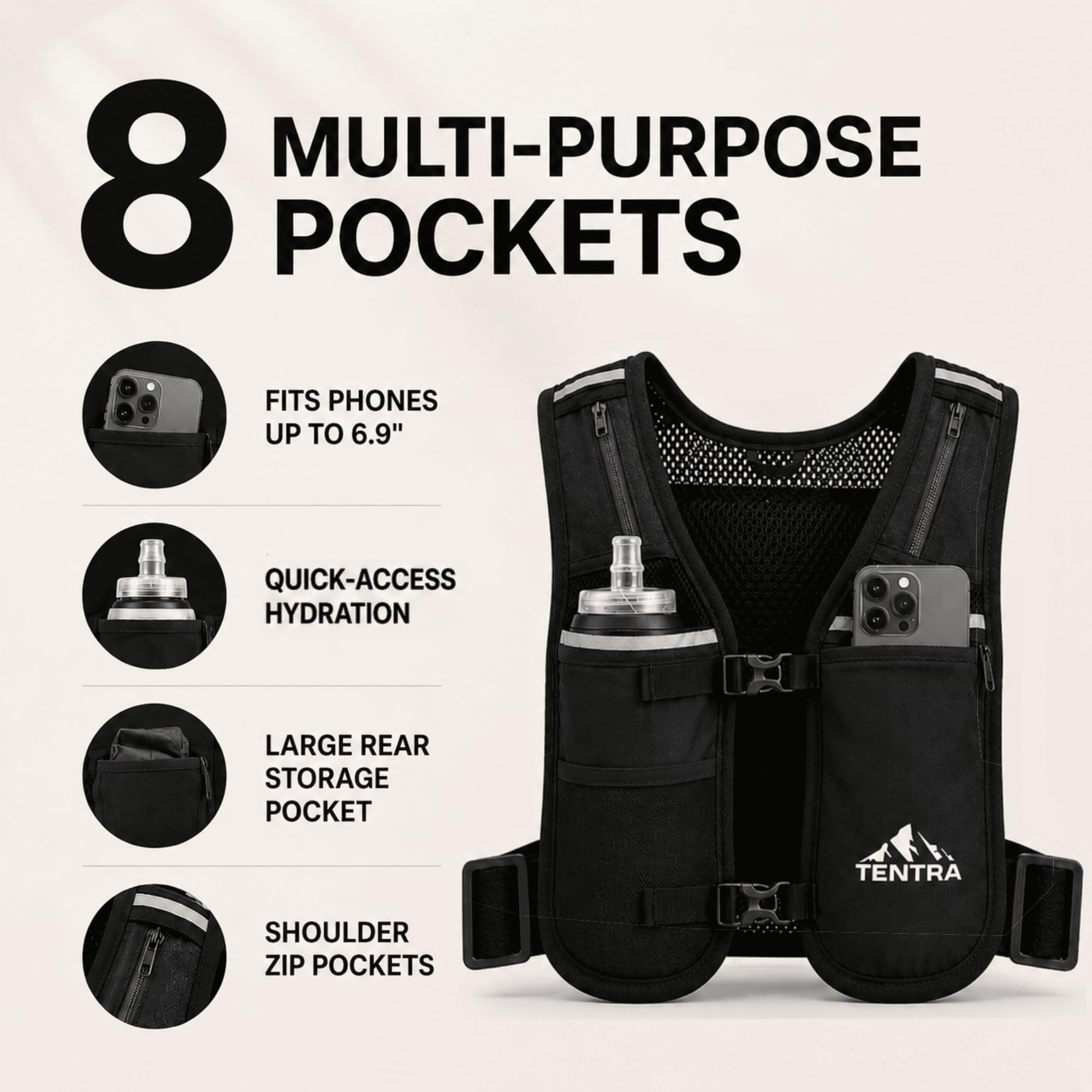 TENTRA Running Phone Holder Vest | Waterproof Phone Pouch | Adjustable Reflective Vest | 8 Pockets, Lightweight Running Hydration Vest | Running Accessories for Men & Women