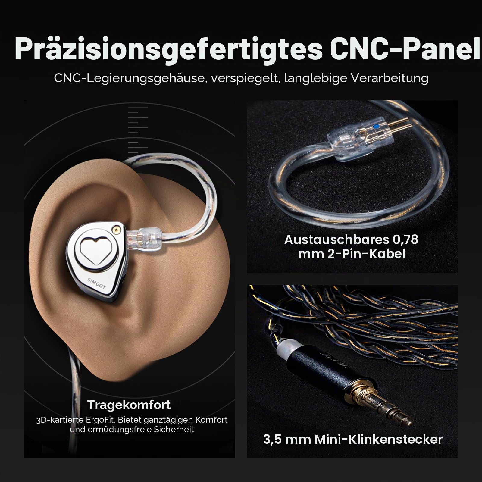 SIMGOT EW300 In-Ear-Monitor, 1DD+1Planar+1PZT Hybrid-Treiber IEM-Ohrhörer, HiFi kabelgebundene Ohrhörer mit abnehmbaren Düsen, Gaming-Ohrhörer mit OFC-IEM-Kabel für Audiophile (SIMGOT-EW300