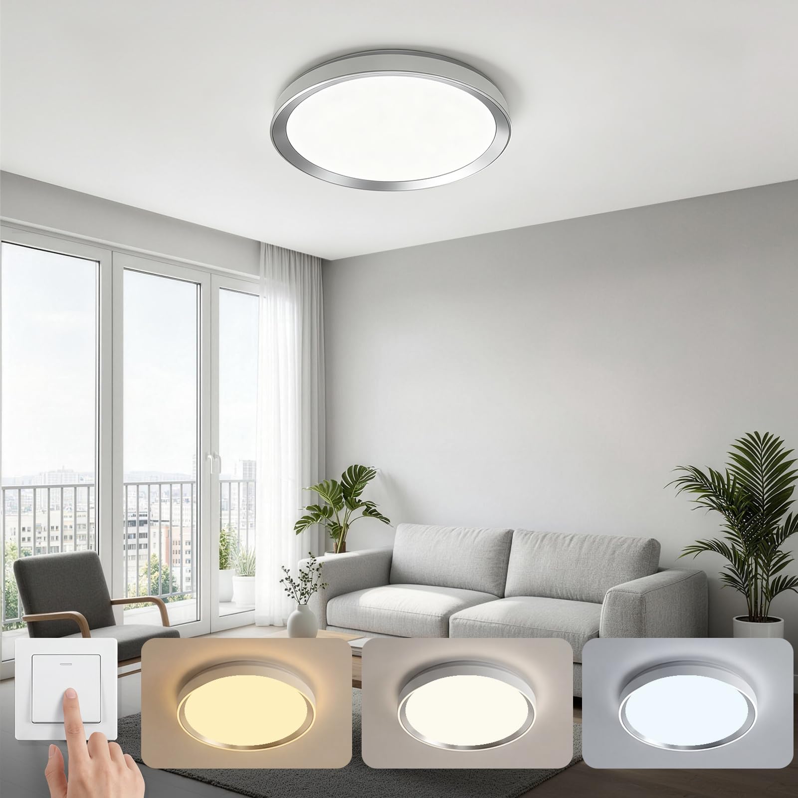 WARMELLE LED Ceiling Light,48W 6500LM with 3000K/4000K/6500K, Wall Switch Control Ceiling Lights, CRI80+,No Flicker,PF>0.9,Ø38cm Silver Light Fittings for Bedroom, Office, Living Room