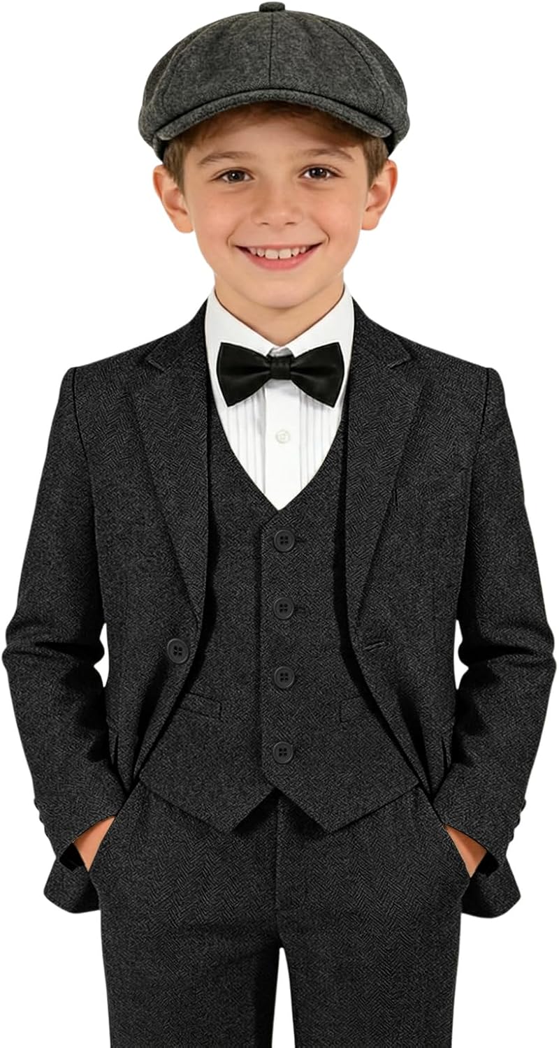 Boys Tweed Suit 3 Pieces Retro Set Herringbone Slim Fit Kids Suits for Boy Formal Wedding Suits for Kids Dresswear