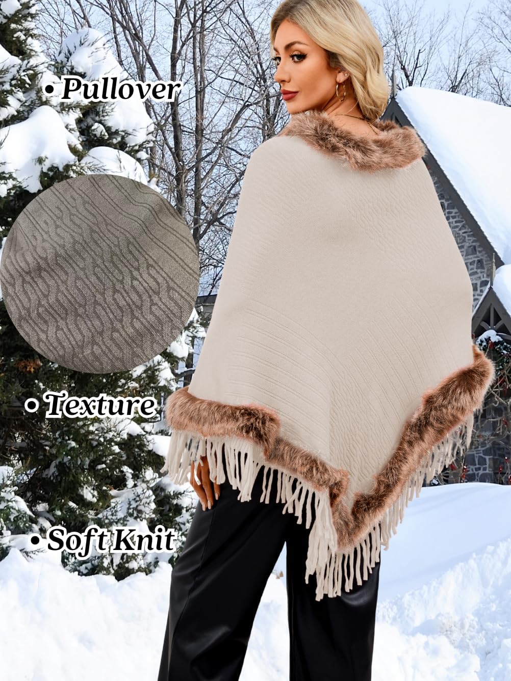 Women's Fur Trim Long Poncho Sweater Elegant Draped Shawl Wraps with Warm-Collar Fits 0-16 - Image 3