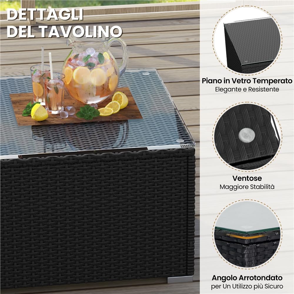 Yaheetech 5 Pezzi Set Mobili da Giardino Rattan PE con Cuscini Tavolo Laterale Nero Beige