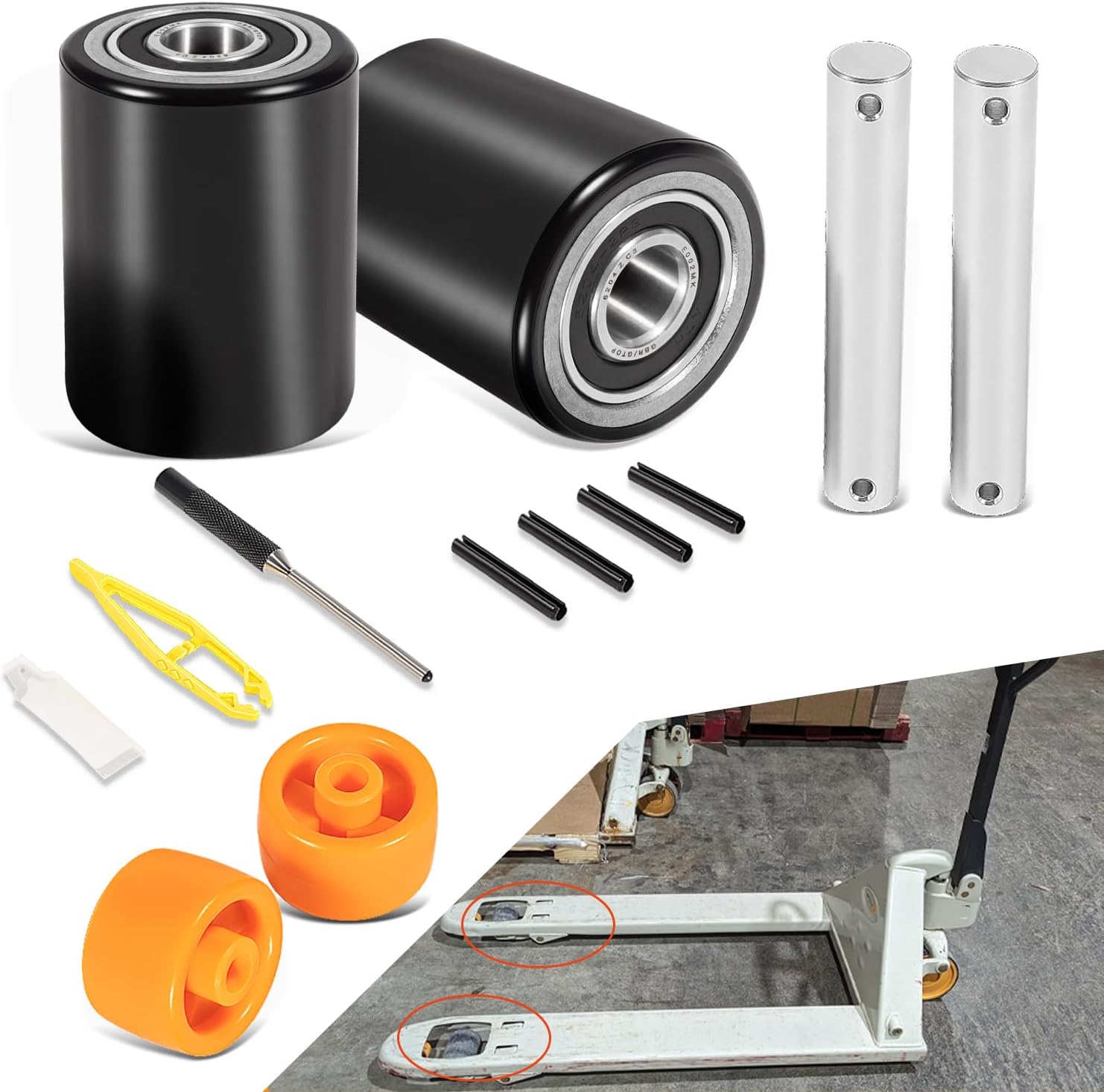 Fit for Crown PTH50 Pallet Jack Front Load Wheels Replacement Kit, Pair Front Load Roller(2.78" x 3.75"), with Pre-Installed Bearings, Axles, 20mm ID Poly Tread, Pins and Install Tool Kit
