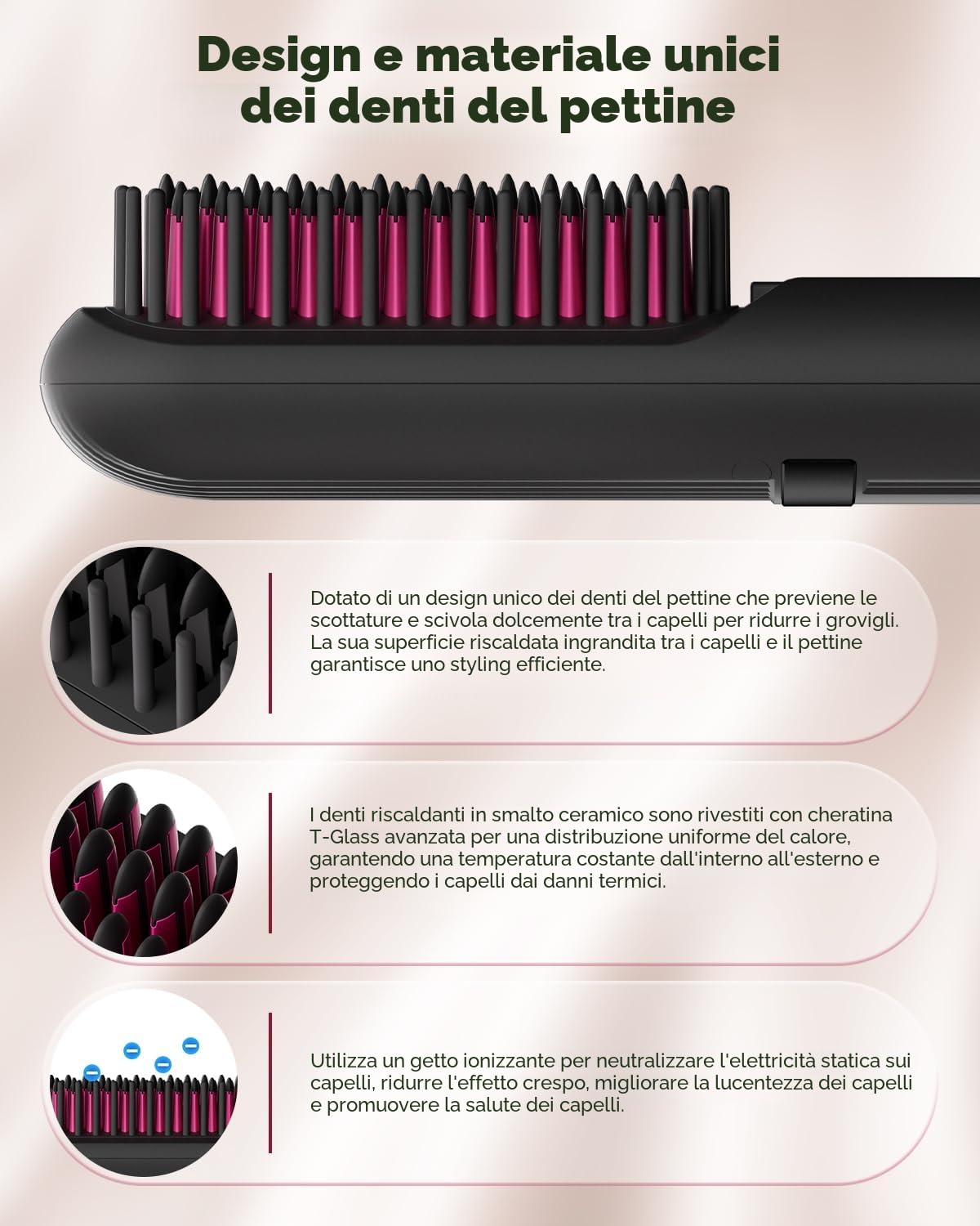 CARER SPARK Spazzola Lisciante Senza Fili 10000mAh, Tempo di Utilizzo di 80min Riscaldamento Rapido in 30s Milioni di Ioni Negativi 9 Livelli di Temperatura Design Anti-scottature e Styling Veloce