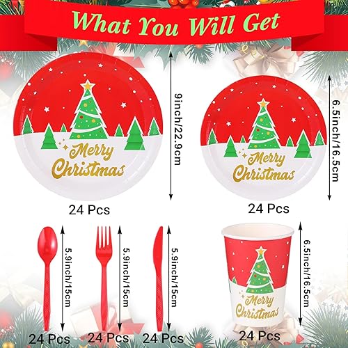 Miniatura 3 de 144 piezas de suministros de decoración de fiesta de Navidad para 24 vajillas desechables de Navidad con platos, tazas, cubiertos, cinturón de Papá
