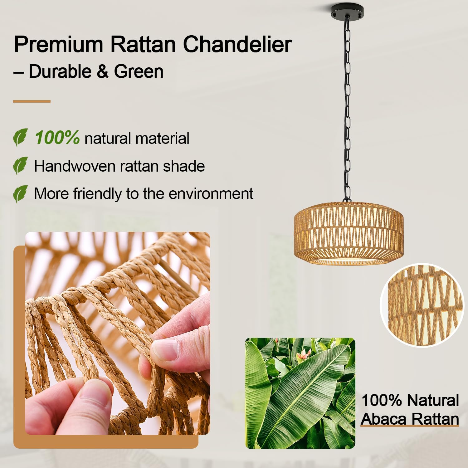 Farmhouse Chandelier Light Fixture, 1-Light Rattan Boho Chandeliers for Dining Room, Hand Woven Pendant Light with Linen Shade, Rustic Hanging Lighting for Kitchen Island, Bedroom (Bulb Not Included)
