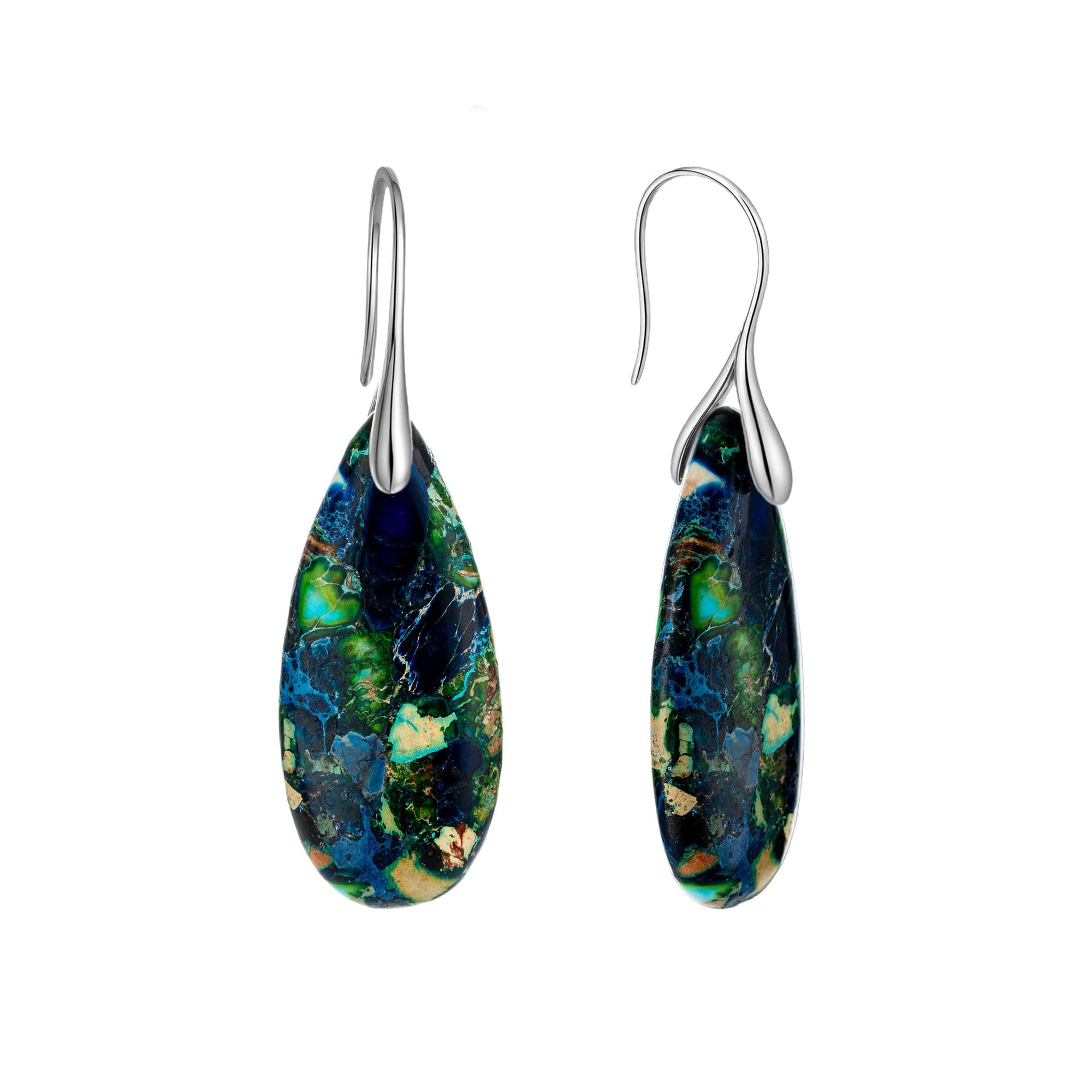 925 Sterling Silver Natural Imperial Jasper Dangle Drop Earrings, Waterdrop Shape, Boho Style