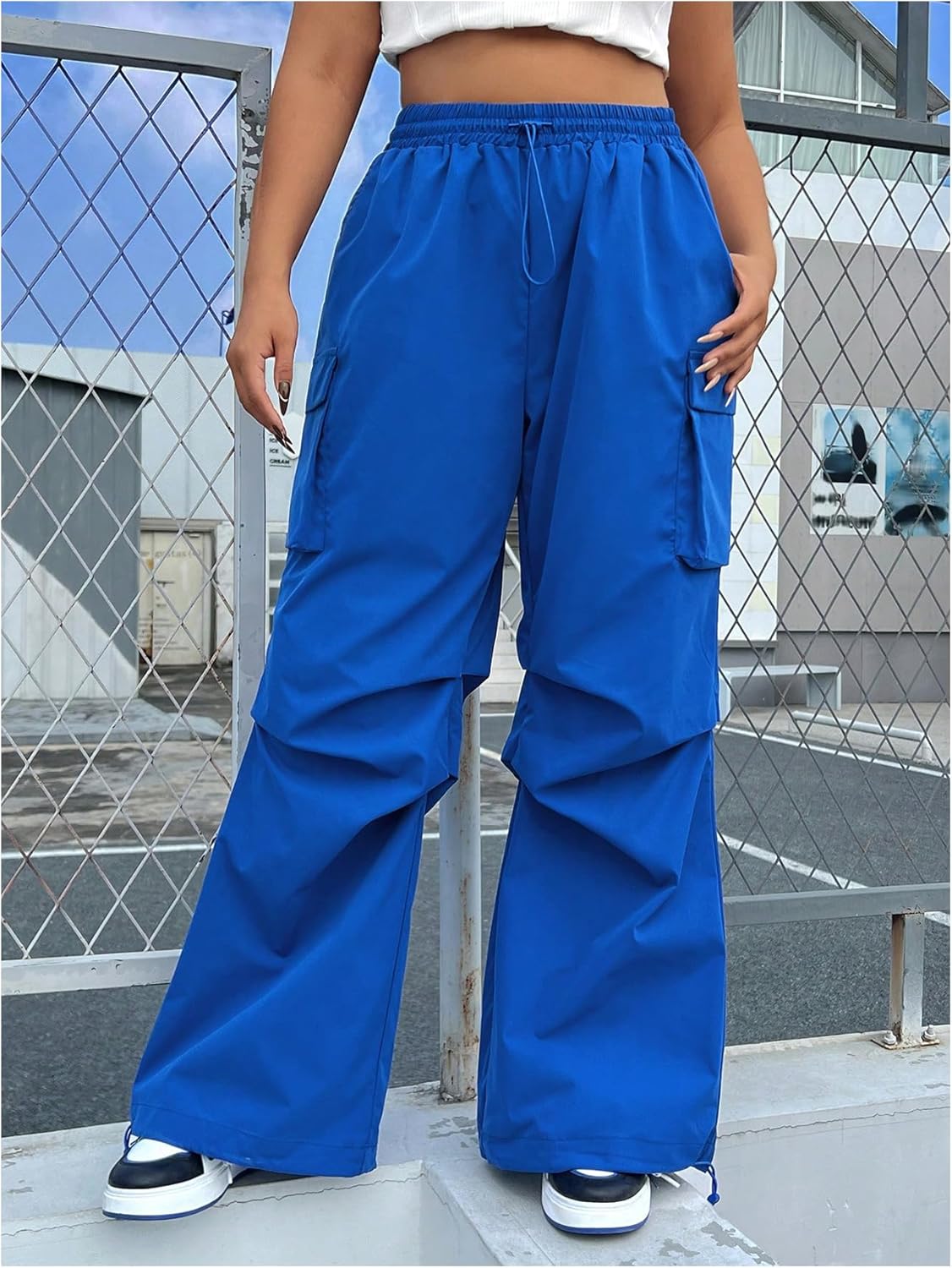 OYOANGLE Women's Plus Size Drawstring Waist Wide Leg Casual Cargo Pants with Pocket - Image 4