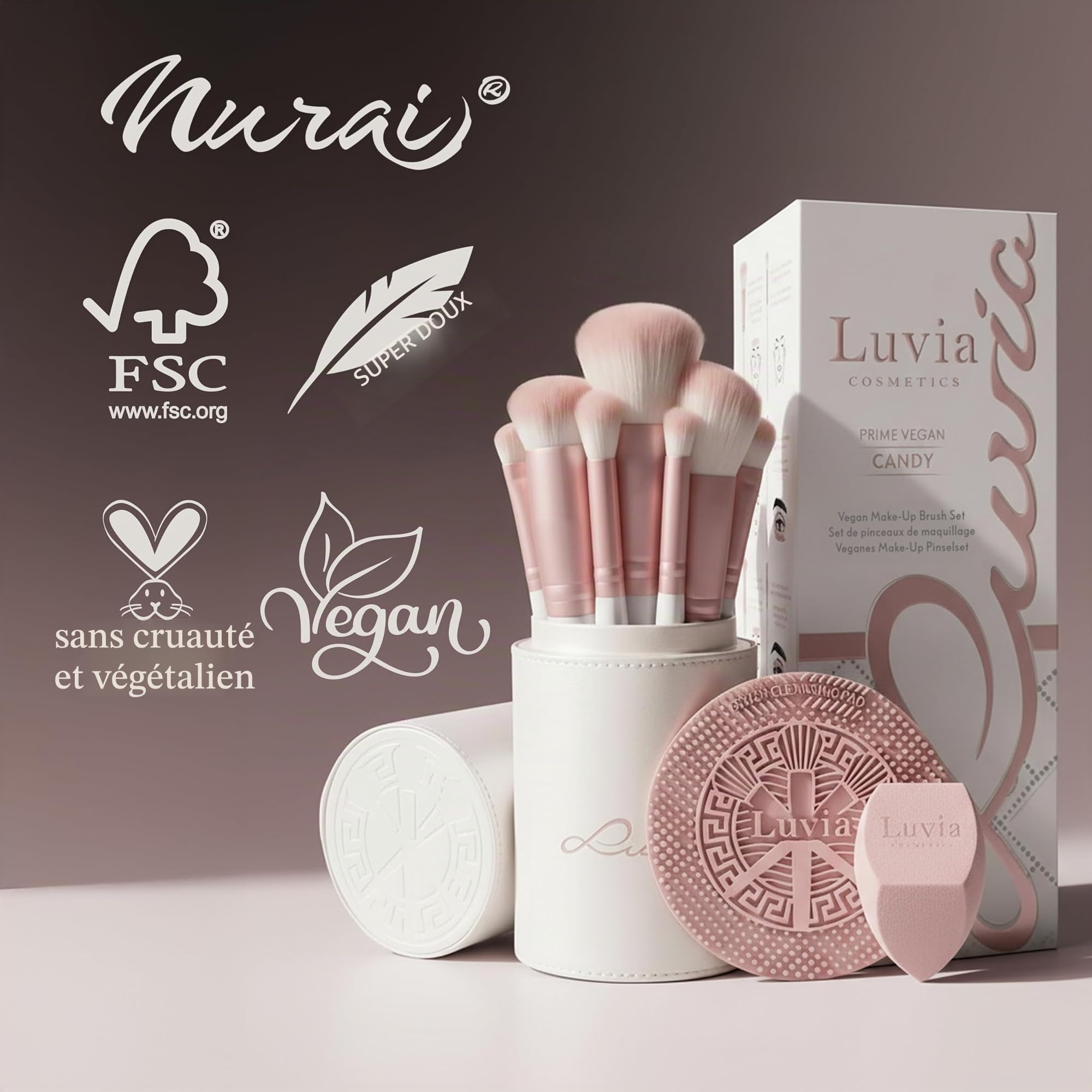 Set de pinceaux de maquillage Luvia, Prime Vegan Pro - Candy, 7 pinceaux de maquillage avec rangement pour pinceaux, éponge Blender & tapis de nettoyage pour pinceaux cosmétiques