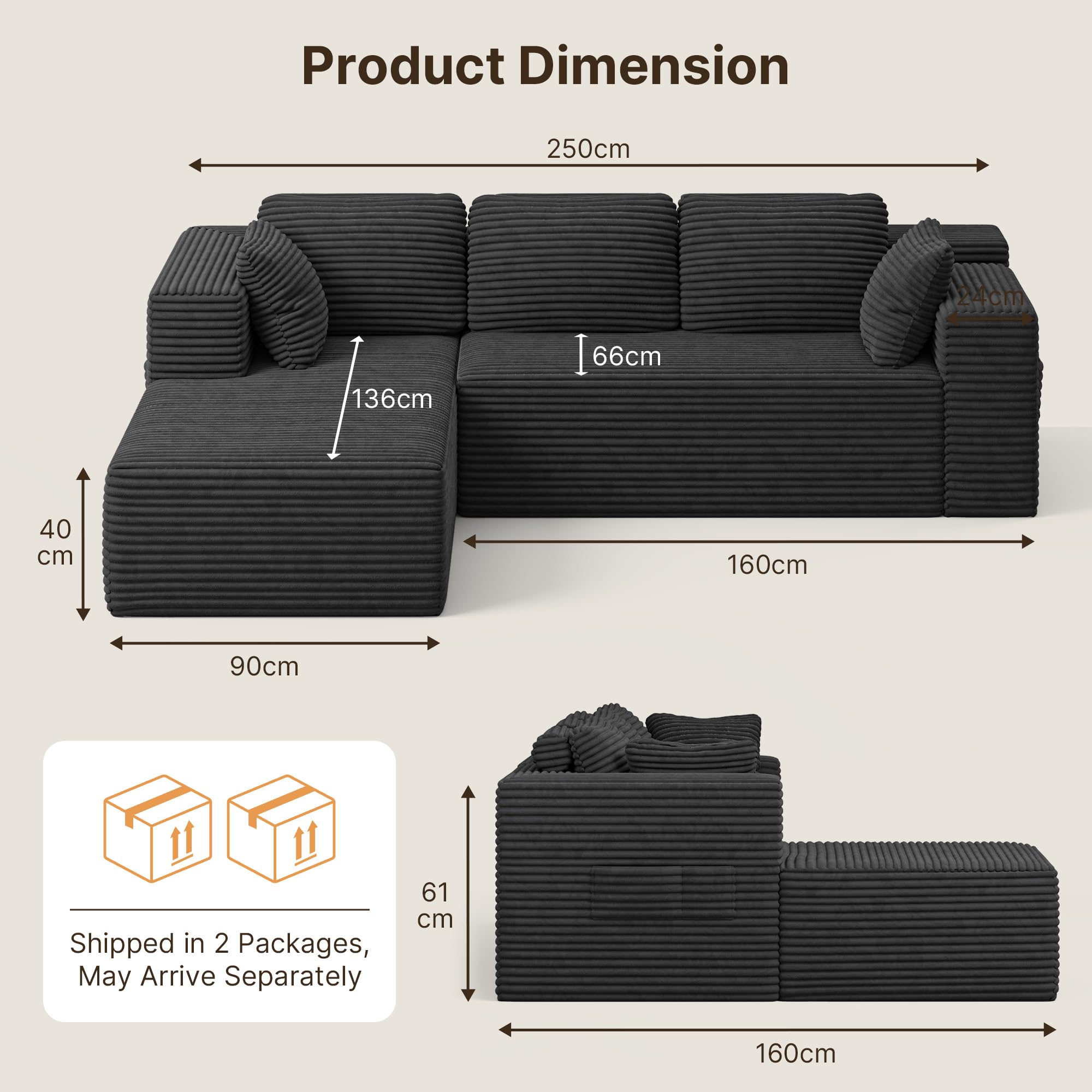 Xbro Divano Angolare a L 3 Posti Componibile, Divano con Chaise Longue Sinistra in Velluto a Coste, con Tasche Laterali e Cuscini, per Soggiorno Appartamento, 250x160x62 cm, Grigio Scuro