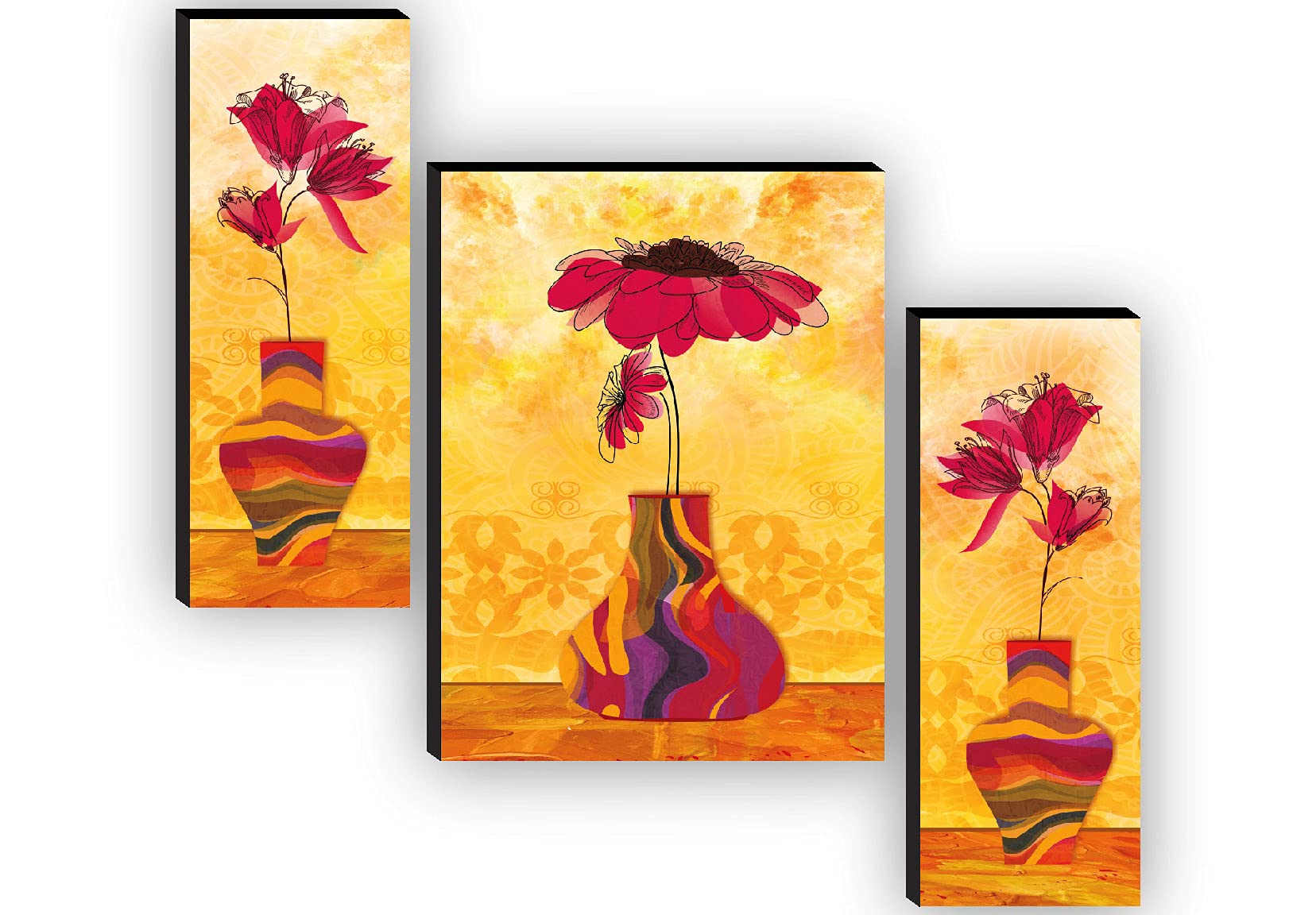 SAF Set of 3 Flower Pot Paintings for living room with frame Self Adeshive UV Textured MDF Framed Painting 12 Inch X 18 Inch SAF-JM7715