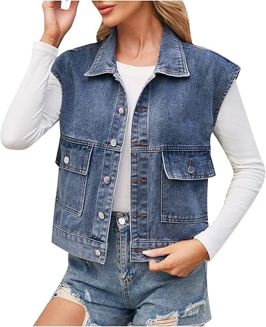 Gilet Veste En Jean Femme à Capuche - Denim Vintage Sans Manches Col V Bouton Décontracté Court