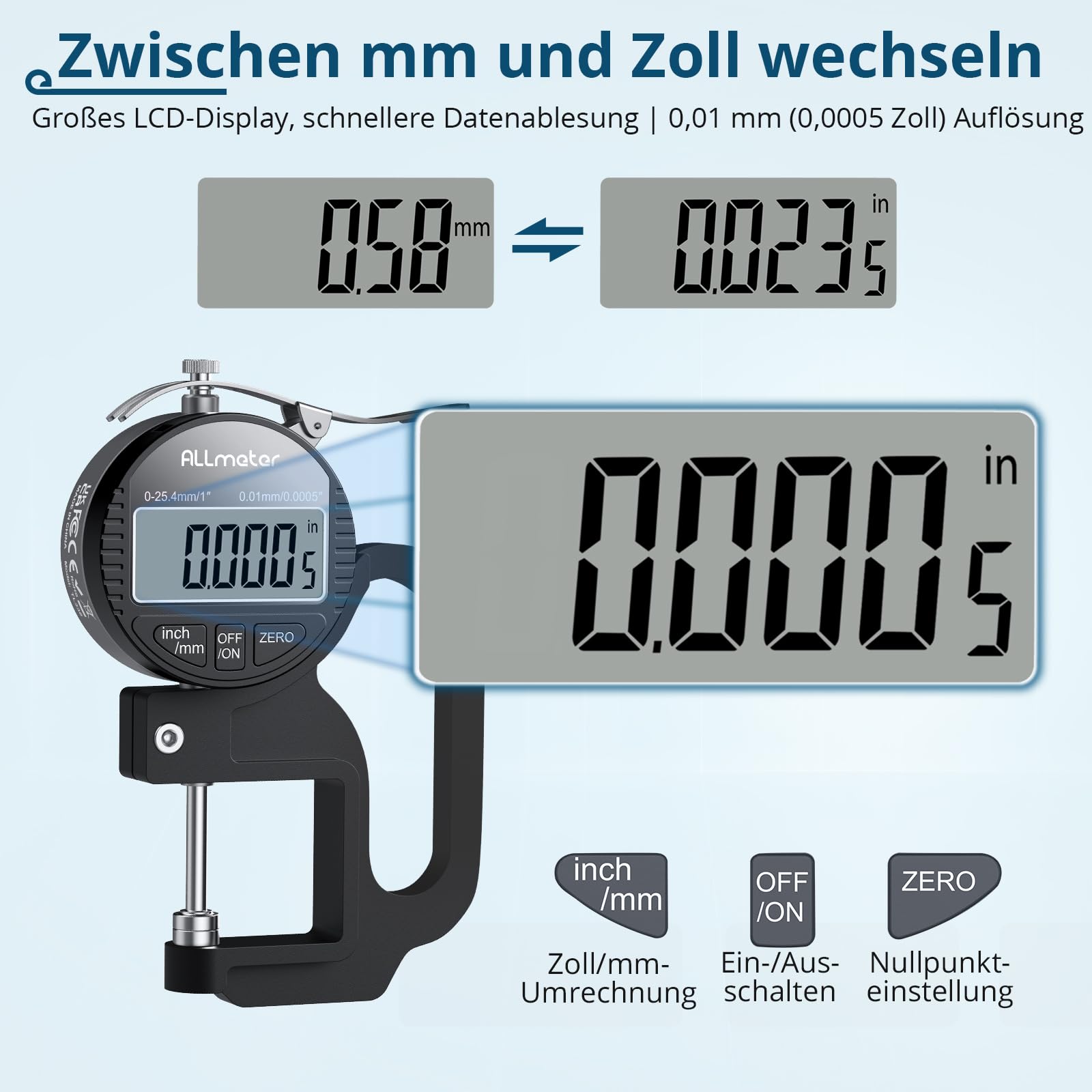 Digitales Dickenmessgerät 0-25,4mm, 0,01mm/0,0005'' Präzisionsmessgerät mit LCD Display für Leder, Papier, Stoff