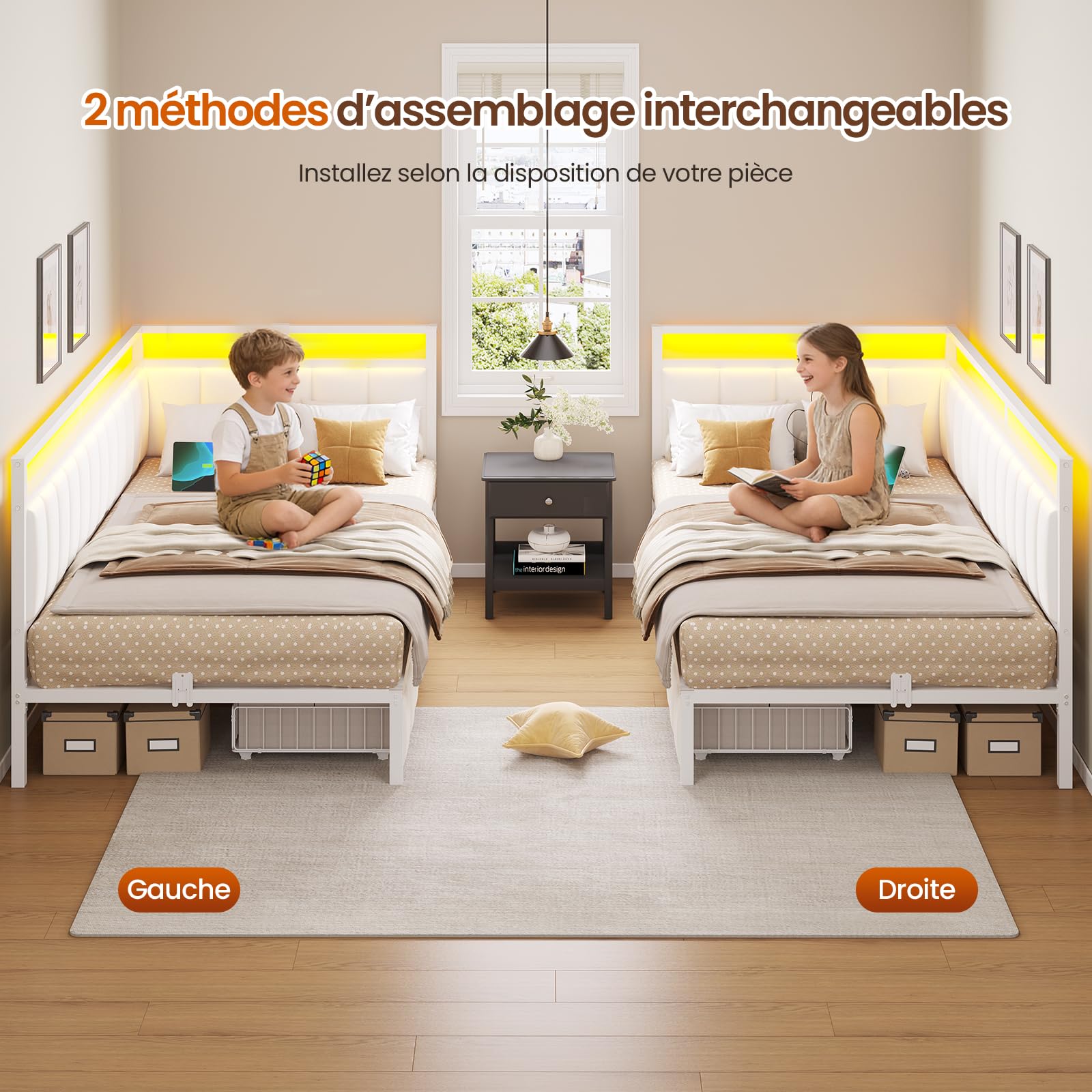 DICTAC Canapé lit 90x190 avec éclairage LED et Prise USB,Cadre de Lits 90x190 avec Sommier à Lattes en métal,Lit Banquette Lits Coffre avec 2 tiroir de Rangement pour Studio/Chambre,Beige-sans Matela