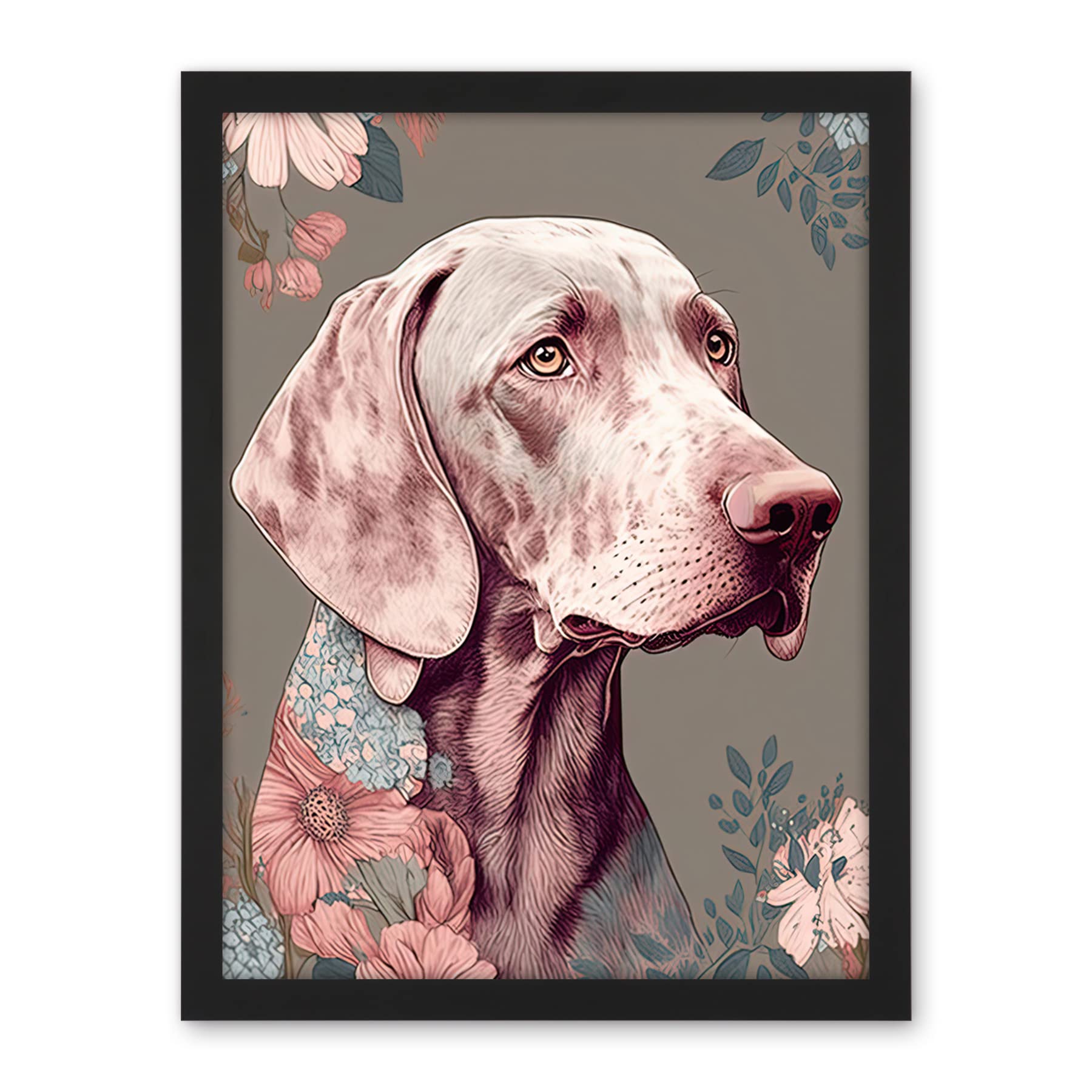 Artery8 Weimaraner Dog Portrait with Flower Patterns Modern Detailed Illustration Artwork Framed Wall Art Print 18X24 Inch