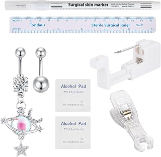 Oyaface 8 Pieces Belly Button Navel Piercing Kit Stainless Steel Piercing Needles Tools Safety Painless Self Piercing Gun Set with CZ Dangle Curved Barbells