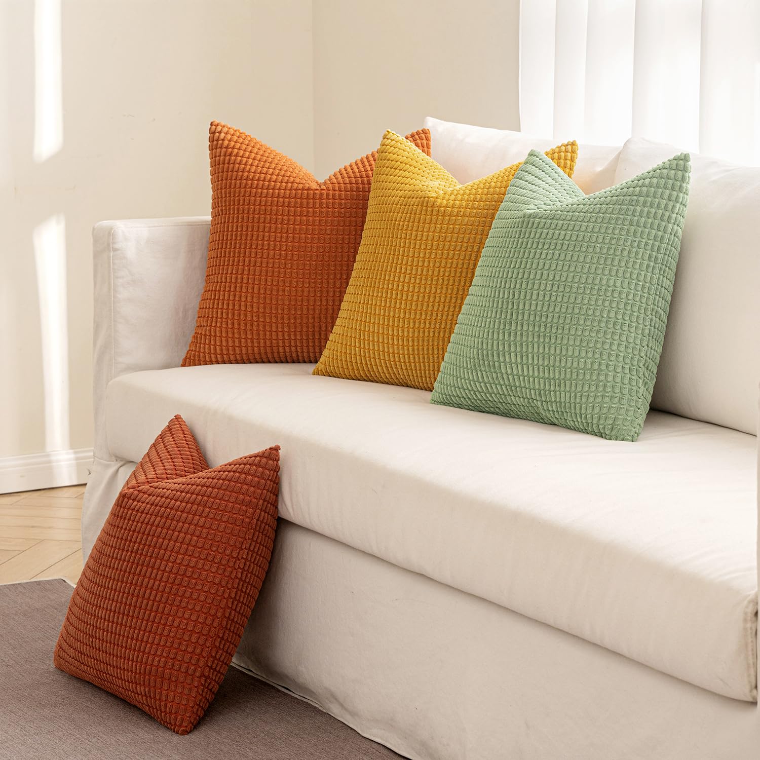 MIULEE Federe Cuscini Decorativi Divano Copricuscini Granula in Poliestere Federa Moderno Morbido Resistente Quadrato per Soggiorno Camera da Letto Casa Sedia 50x50 cm 4 Pezzi Serie Arancio-verde
